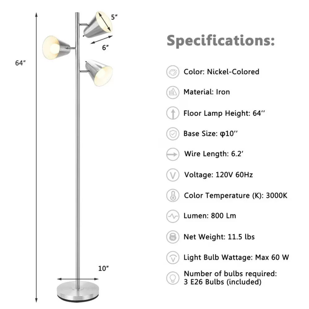 Compact Floor Lamp with LED, Energy Efficient, Standard Lamps - Silver Metal Model 72538A