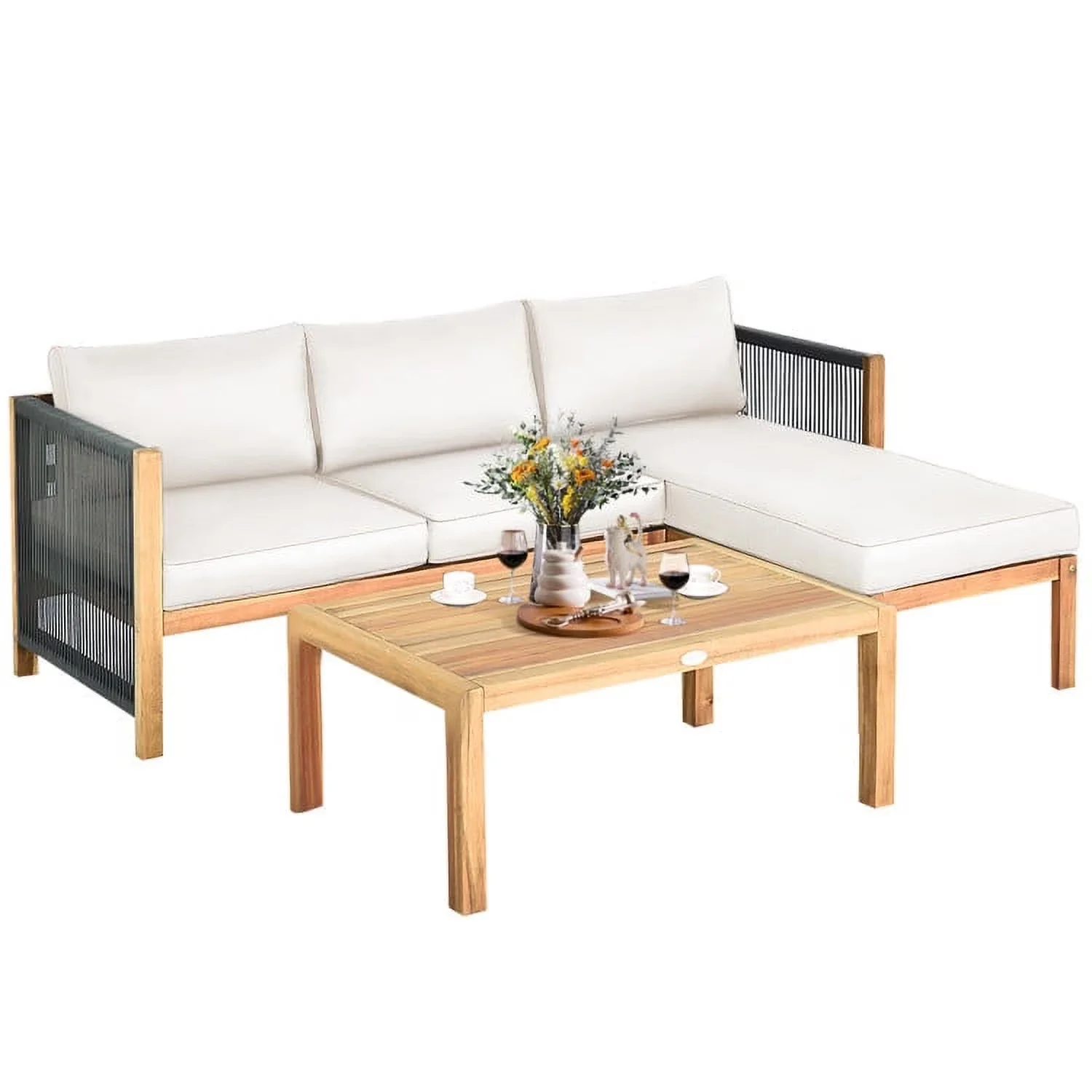Outdoor Sofas Sectional Innovative with Modern, Nylon Rope Armrest-White - White Acacia Wood, Polyester Fabric, Sponge for Patio Model 577D26