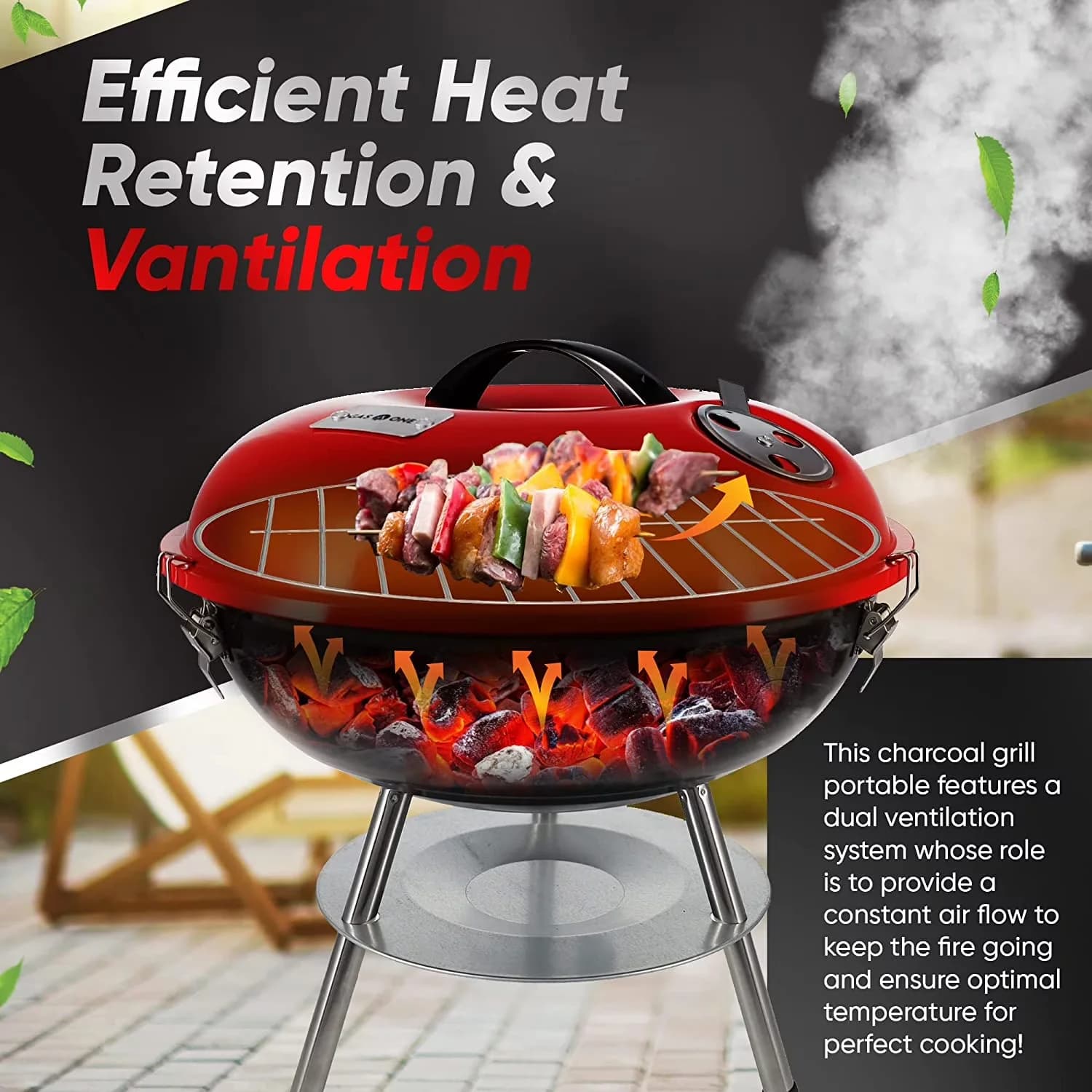 Essential Charcoal Grill with Portable - Red Metal 14 Inch - Premium Collection Model 0EC76E