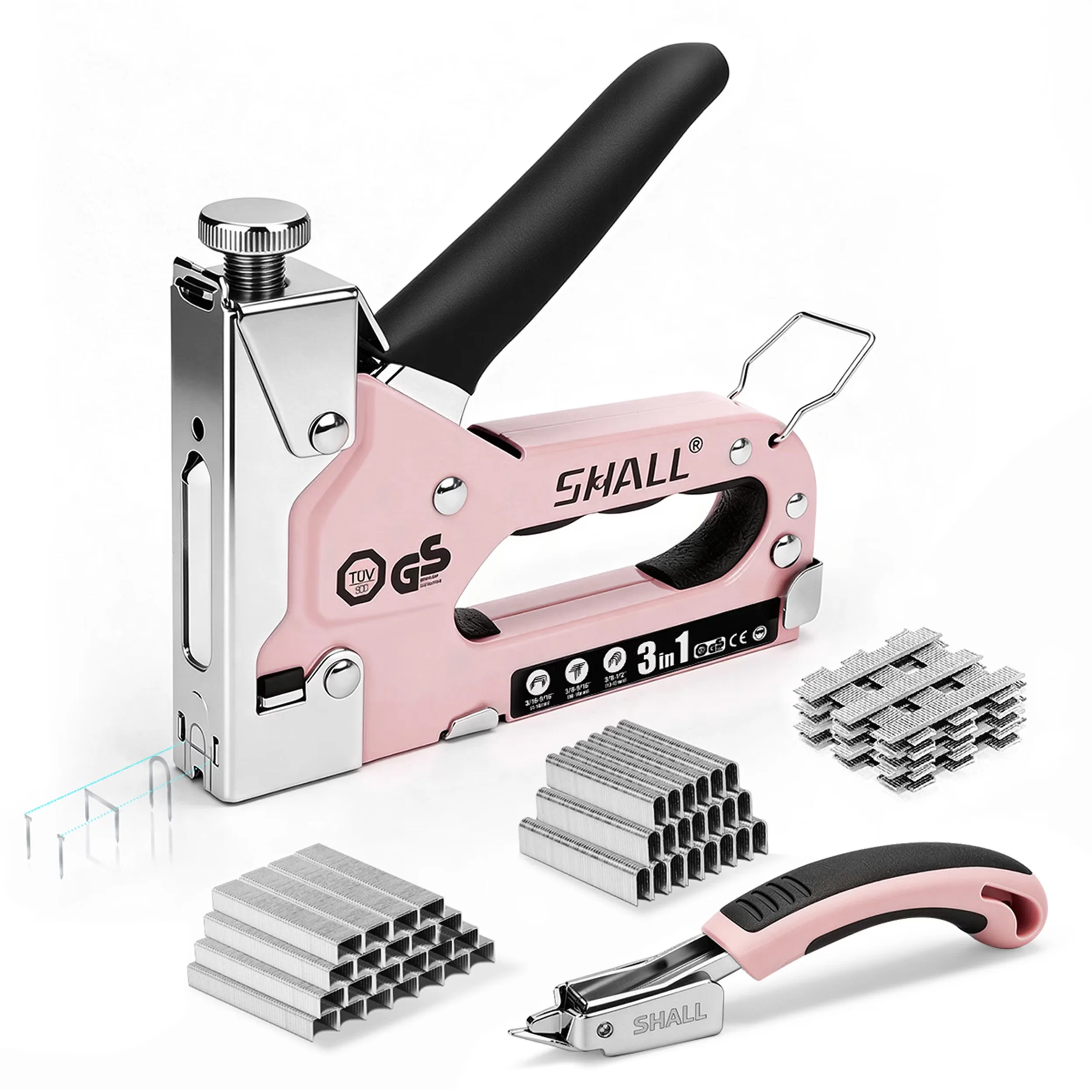 Quality Power Tool with 3-In-1, Manual Brad Nailer, 3-in-1 Upholstery Staple Gun Kit - Pink Model 3C7964