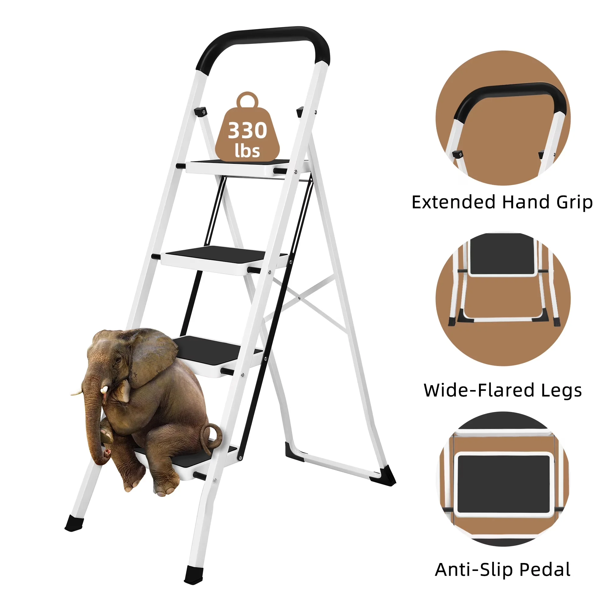 Ladders And Step Stool Sleek with Handgrip, Portable Lightweight - White Steel for Kitchen, Office Model 03337A