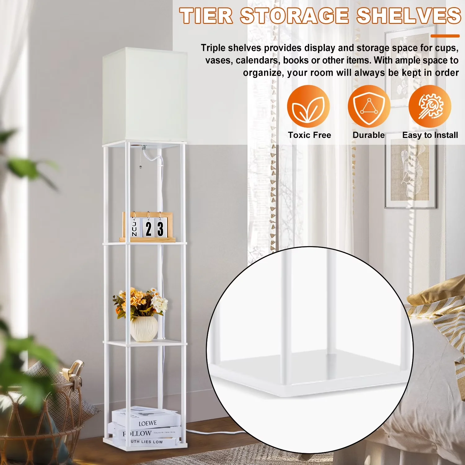Classic Floor Lamp with LED, Energy Efficient, Modern - Metal White for Living Room, Bedroom Model 2C2016