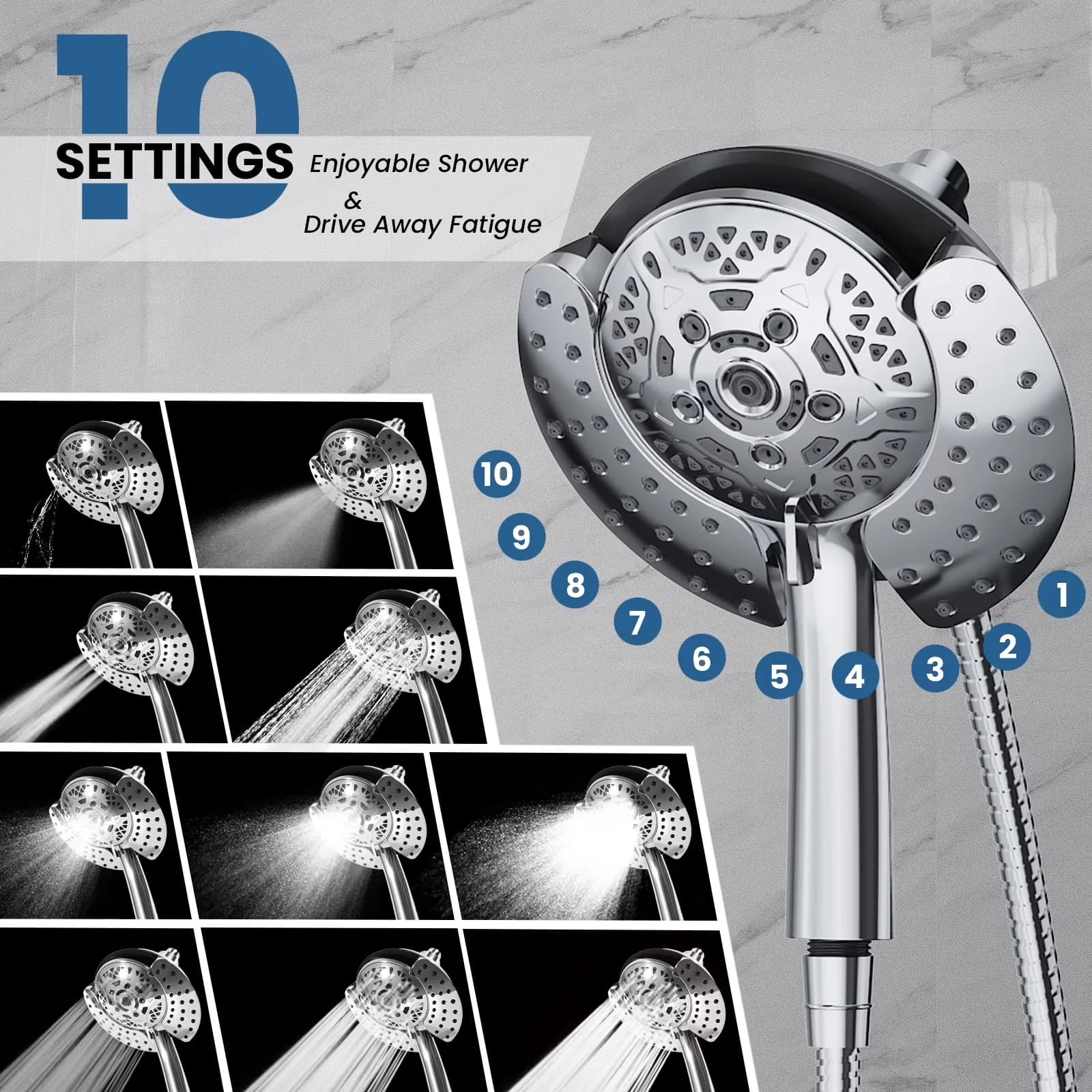 Shower Head Compact with Adjustable Flow Rate, Adjustable - Silver Chrome + Abs Model A7CEE5