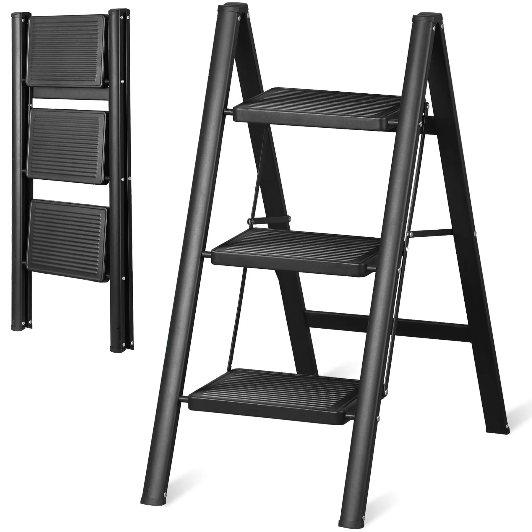 Ladders And Step Stool Classic with Anti-Slip, Foldable, Non-Marring Feet - Black Steel & Pvc & Nylon Model 07E306