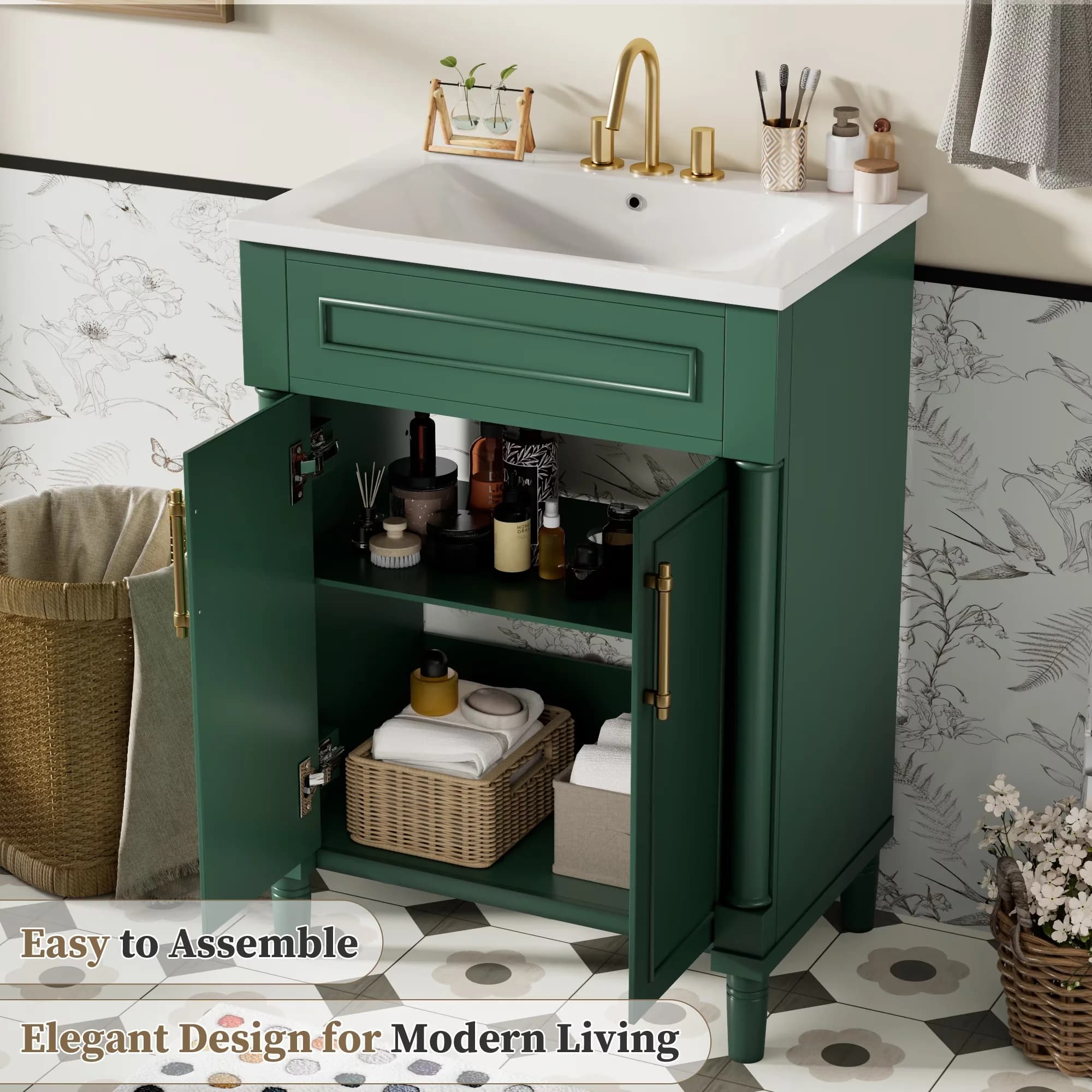Quality Bathroom Renovation with Green, storage Cabinet, 24" Small Vanity - Model B9C5A4