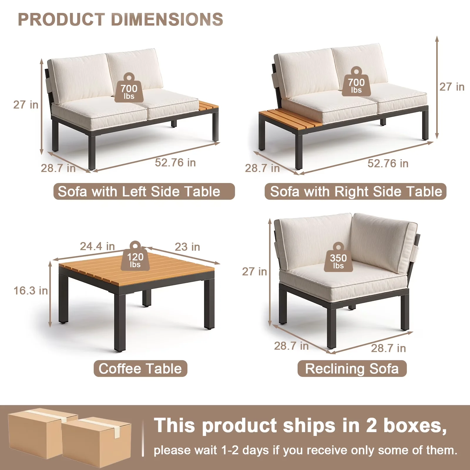 Compact Outdoor Sofas Sectional with Uv Resistant, Reclining - Metal, Fabric Beige Model 3CA54A