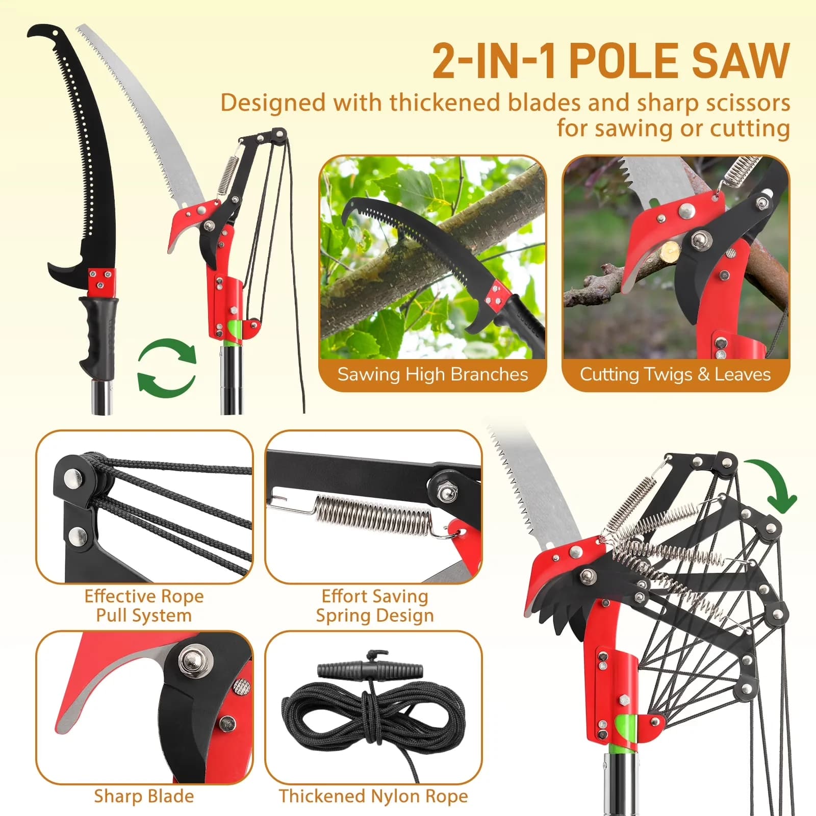 Premium Pole Saw with Telescoping, Steel Blade & Fiberglass, 24FT Pruner - Yellow Model B4125D