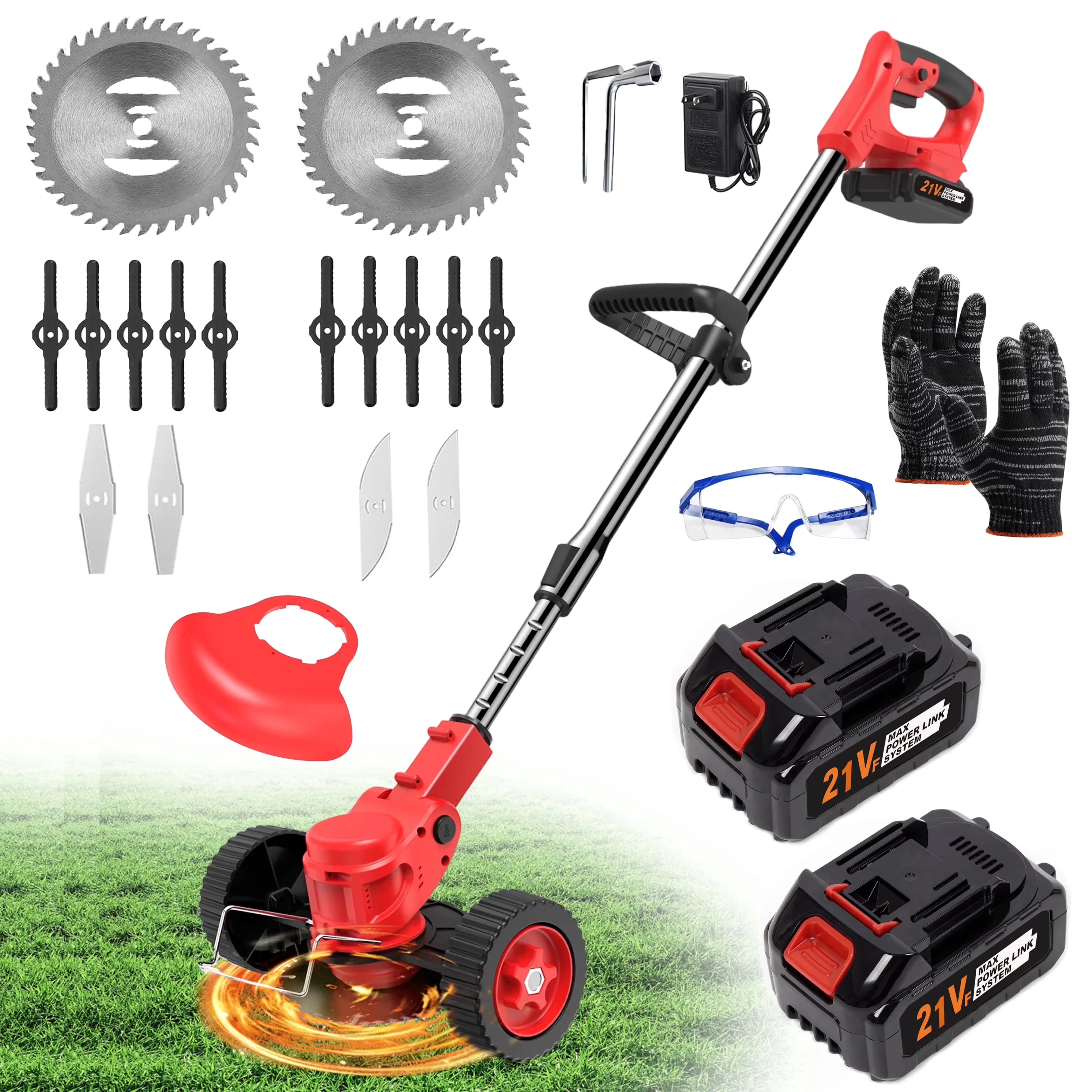 Professional String Trimmer with Battery, Cord Lock, 4 Types Cutting Blade - Red Model 08BAF6