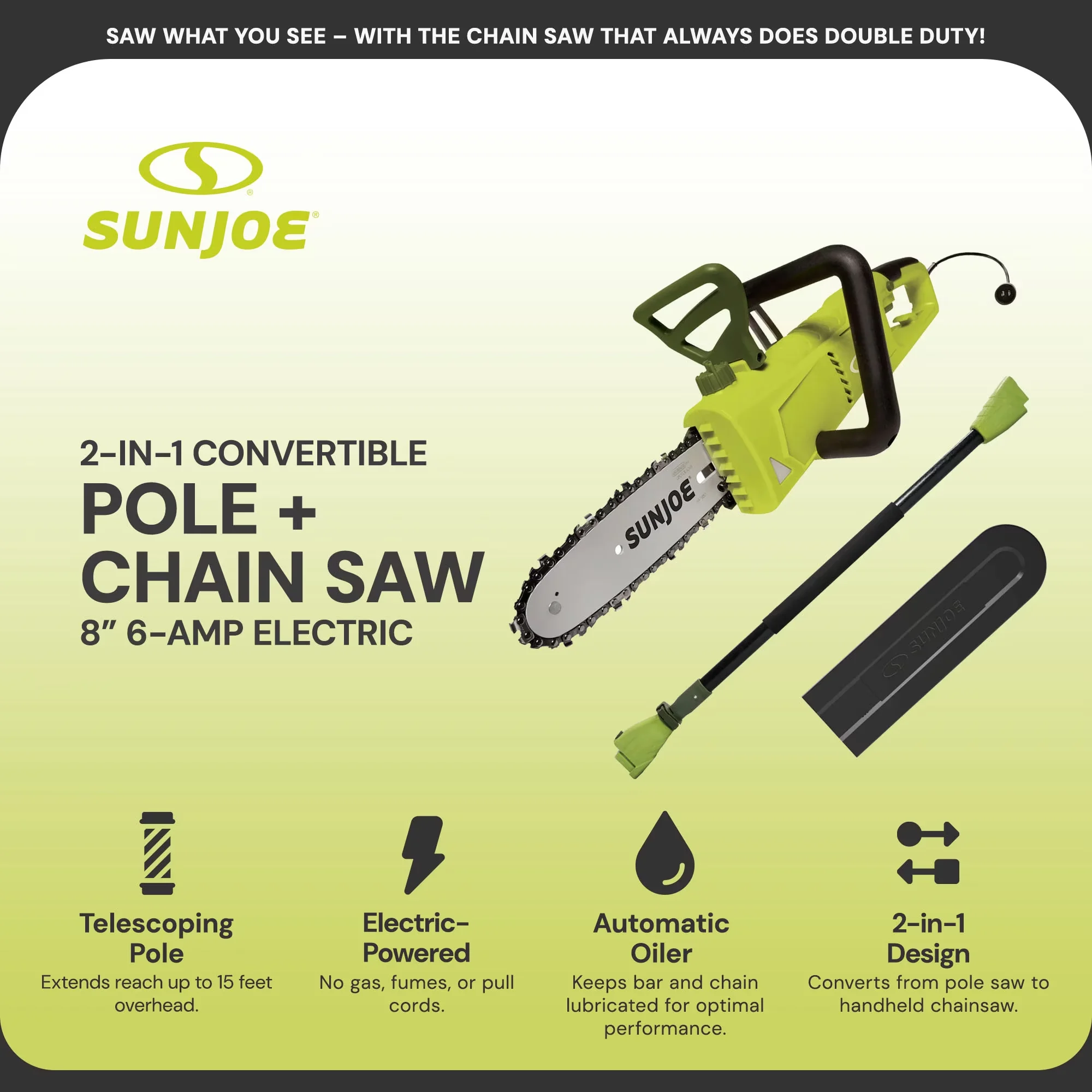 Efficient Pole Saw with Automatic Chain Oiler, Green, 8 Inch Electric Convertible Chain - Model 547CC8