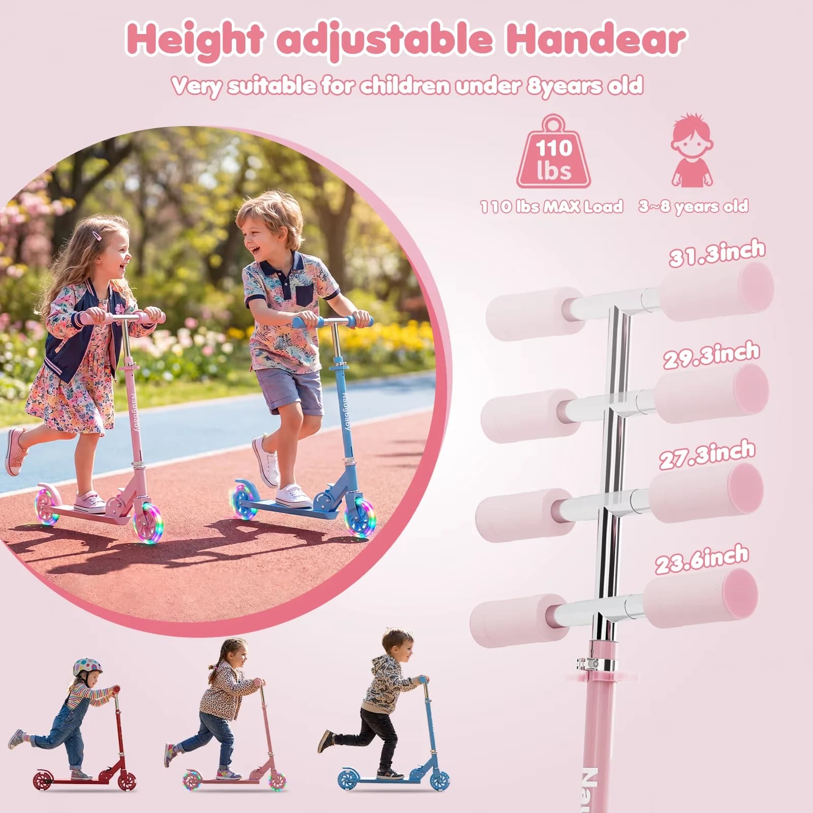 Versatile Scooter with LED, Portable, Compact - Iron, Pu Pink Kick for Everyday Use Model F2DABB