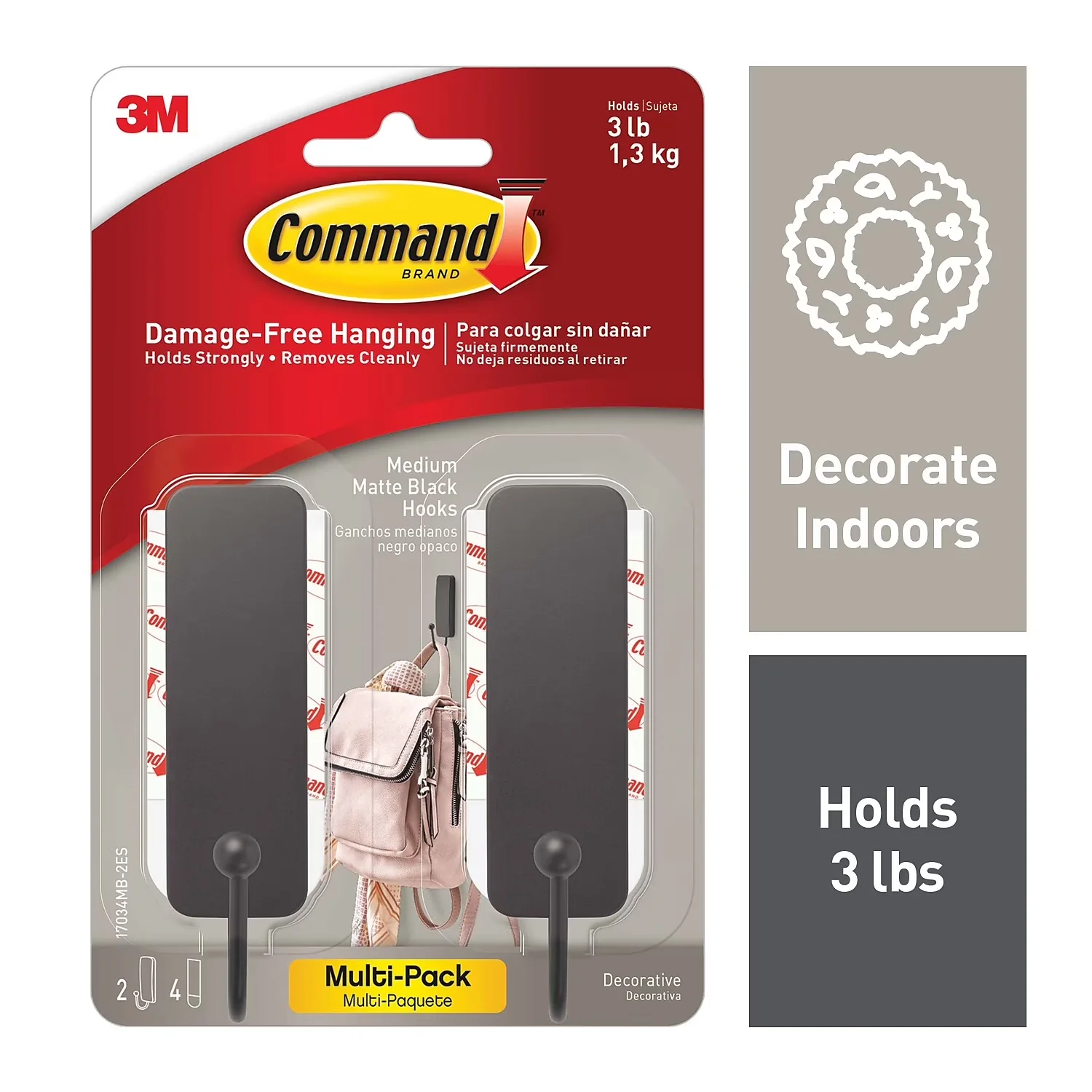 Efficient Damage-Free Hanging with Reusable, Medium Designer Hooks Matte Black 2 - Black Wood Model 510A55