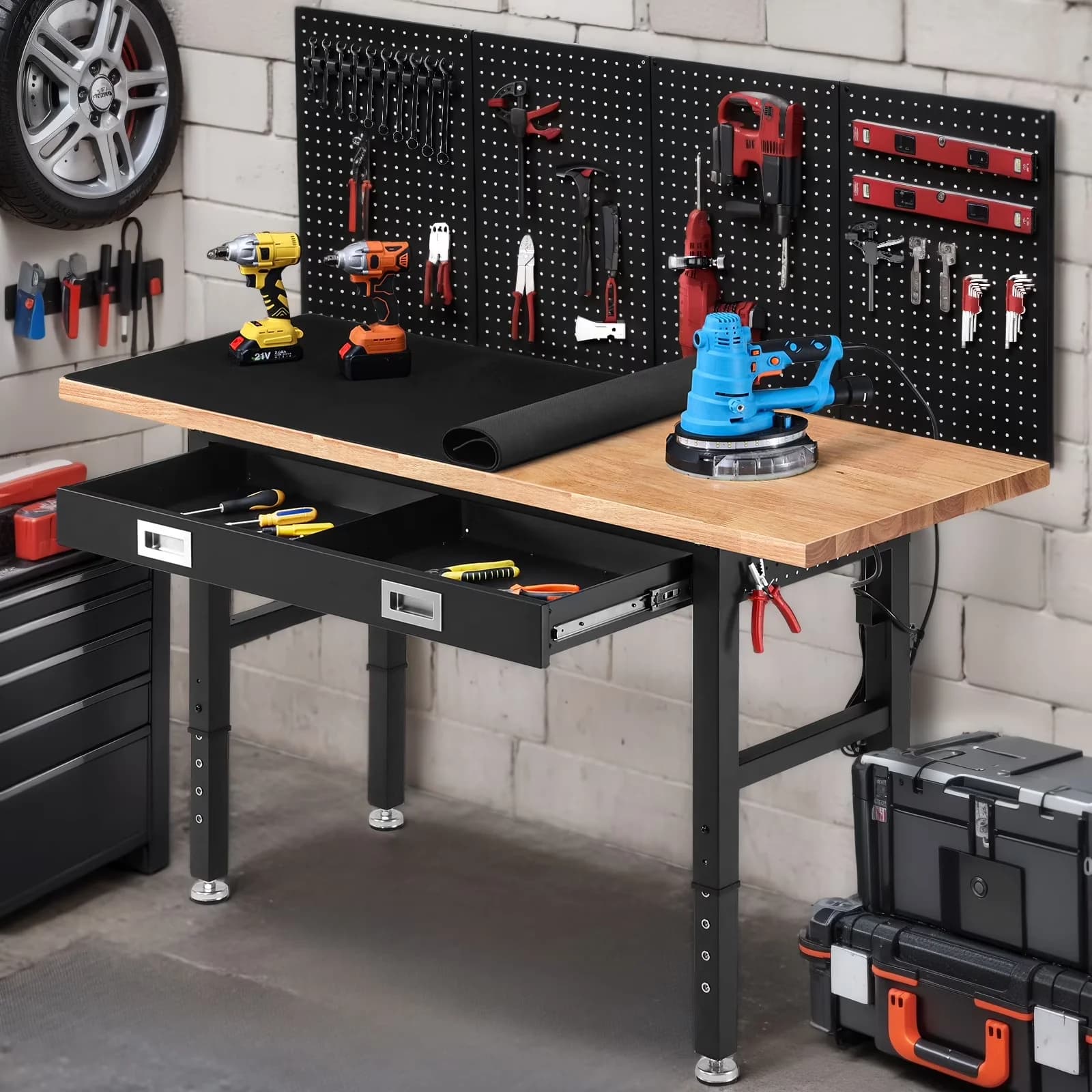 Modern Toolstorage with Storage, Tool Organizer, Workbench - Rubber Wood Brown Model 38D3CD