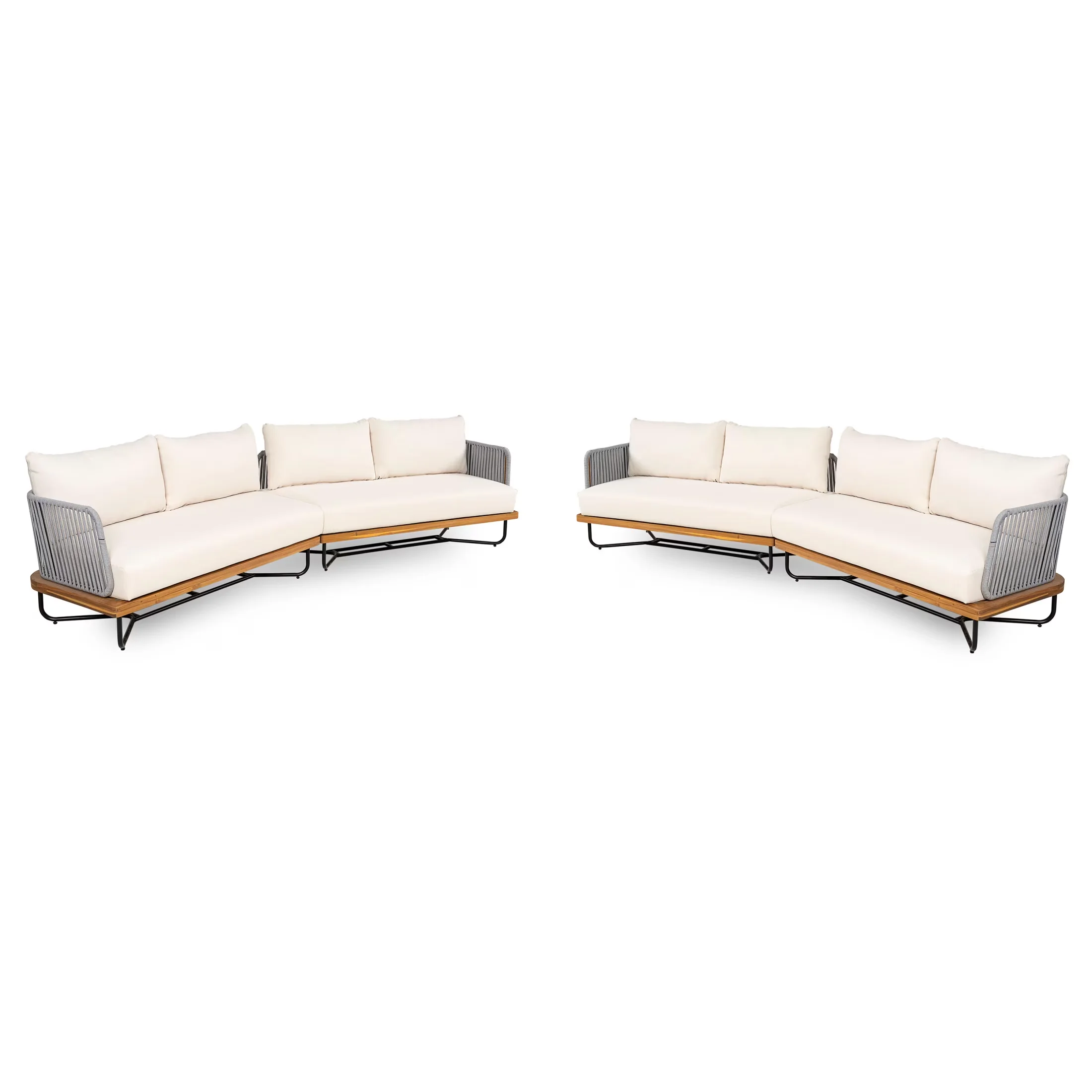 Innovative Outdoor Sofas Sectional with Water-Resistant, Mid-Century, Modern - Acacia Wood + Water Repellent Fabric + Iron + Rope Brown Model 3F0B61