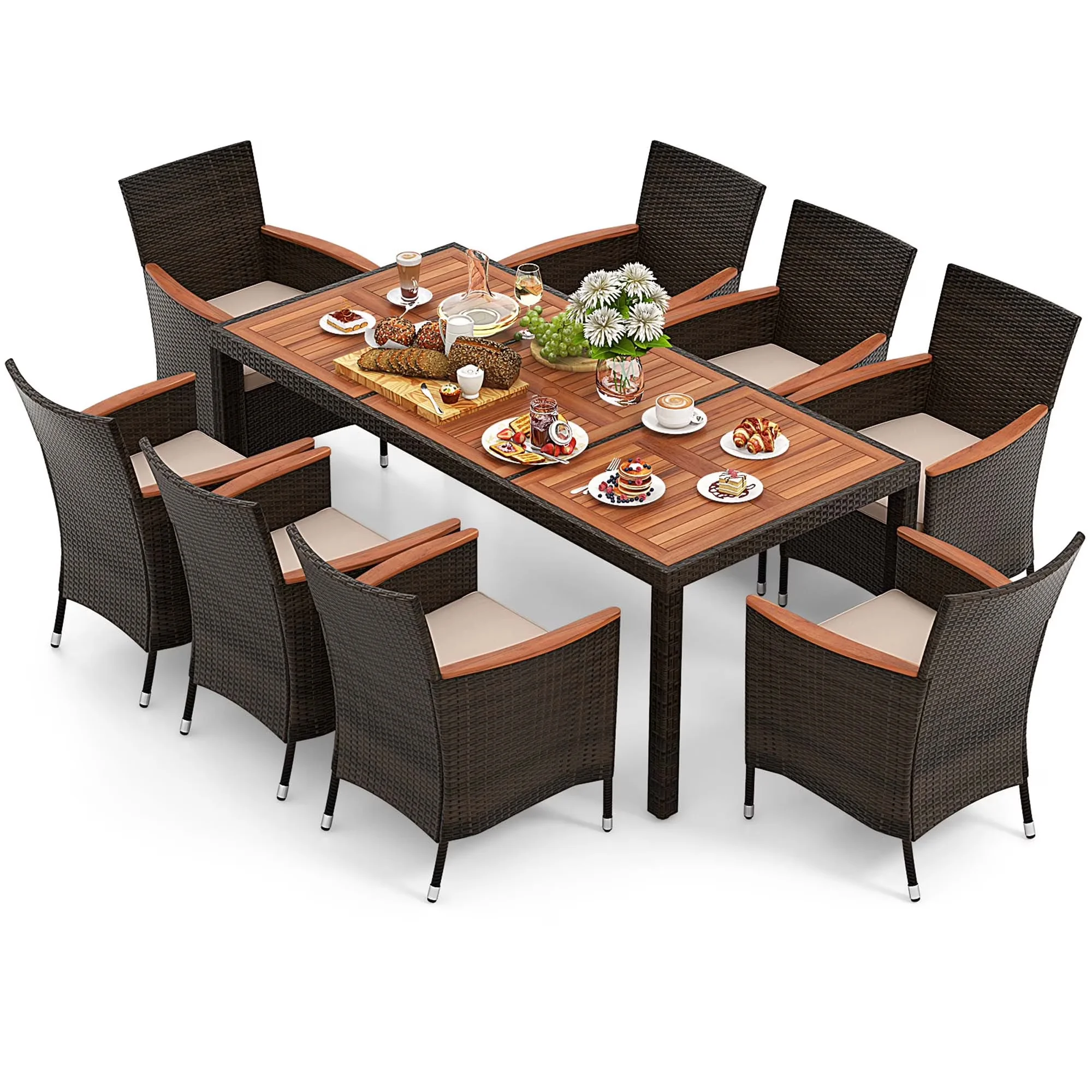 Sleek Patio Dining Set with Storage, Modern - Rattan, Steel, Acacia Wood, Polyester, Sponge Beige Model EF9AC2