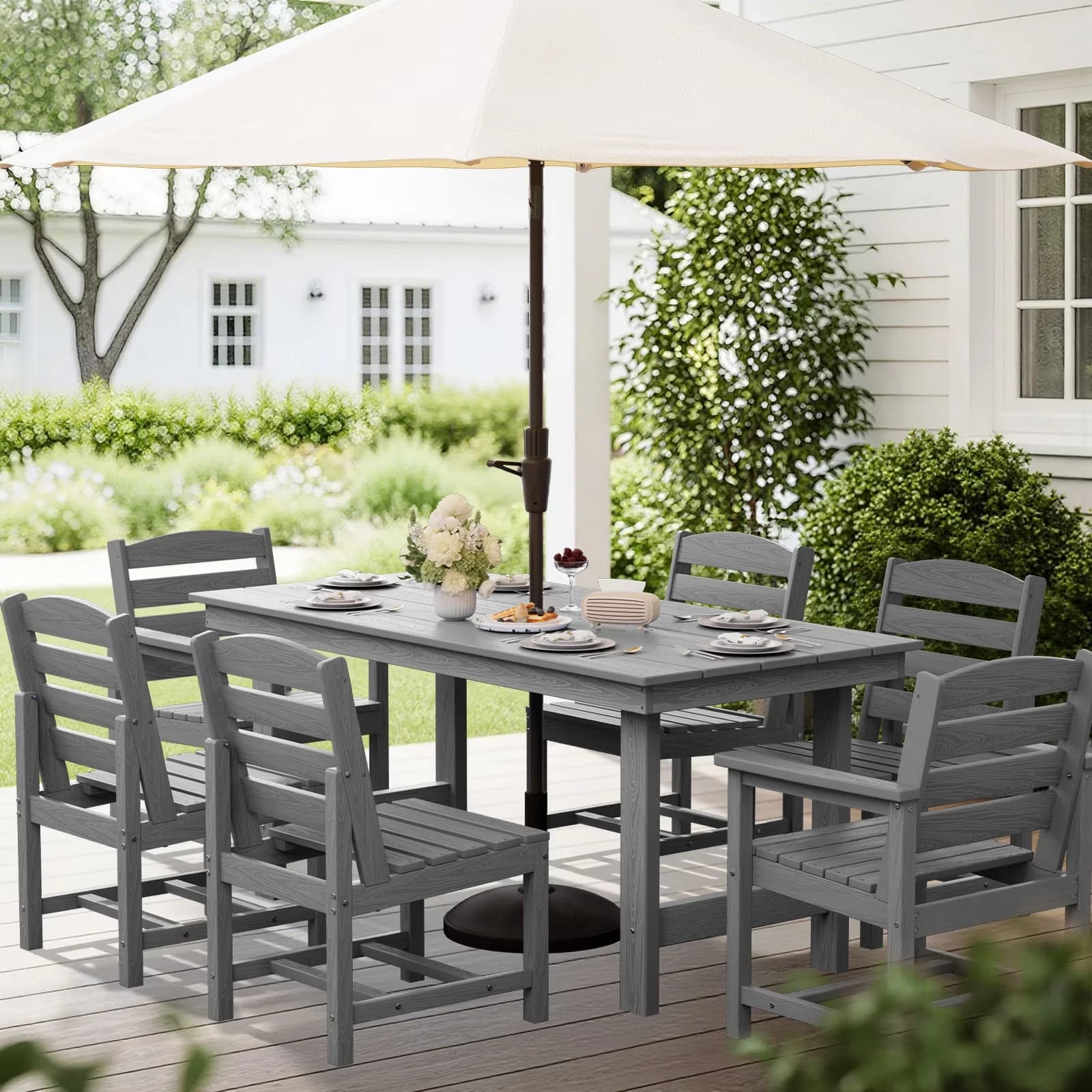 Patio Dining Set Compact with Modern, 6 Armless Chairs & Umbrella Hole - Gray Armless Chair Model CB7E09