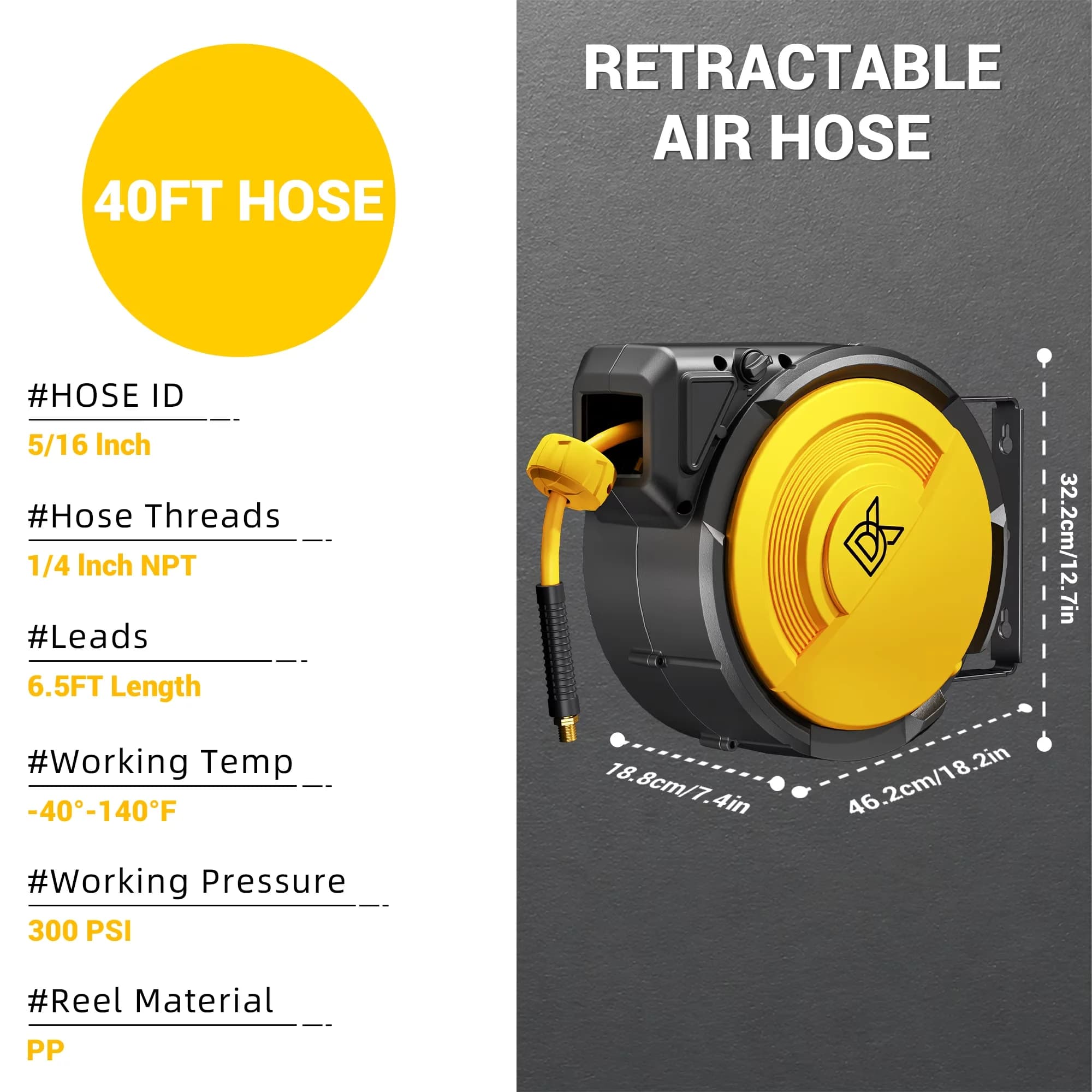 Efficient Air Tools Compressor with Adjustable, 6.5ft Lead-in Hose, 40ft Retractable Hose Reel - Abs for Garage Model 51ABE3