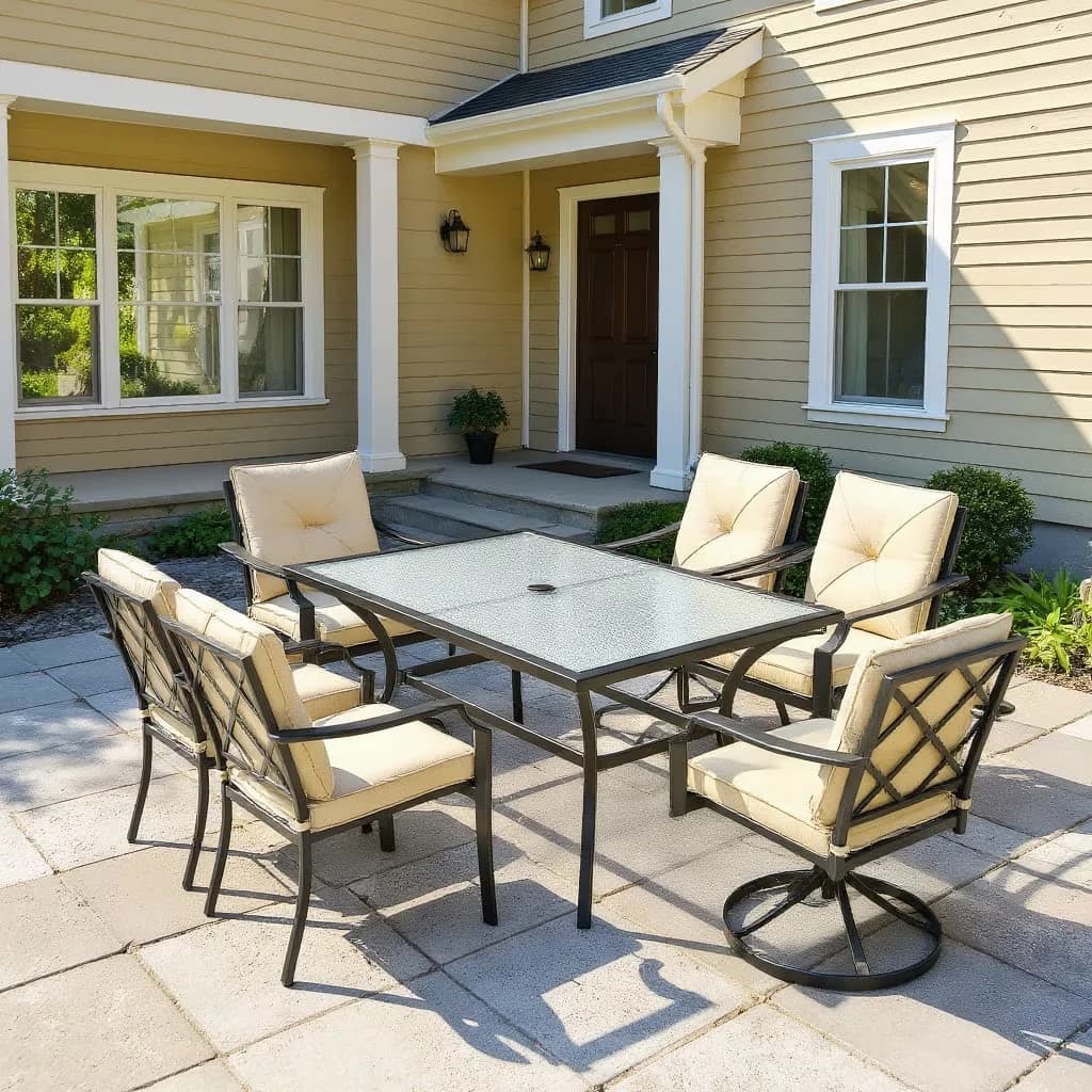 Patio Dining Set Versatile with Modern, Color of cushion:Beige - Steel, Fabric, Polyester Fabric, Foam Beige Model C7A69C