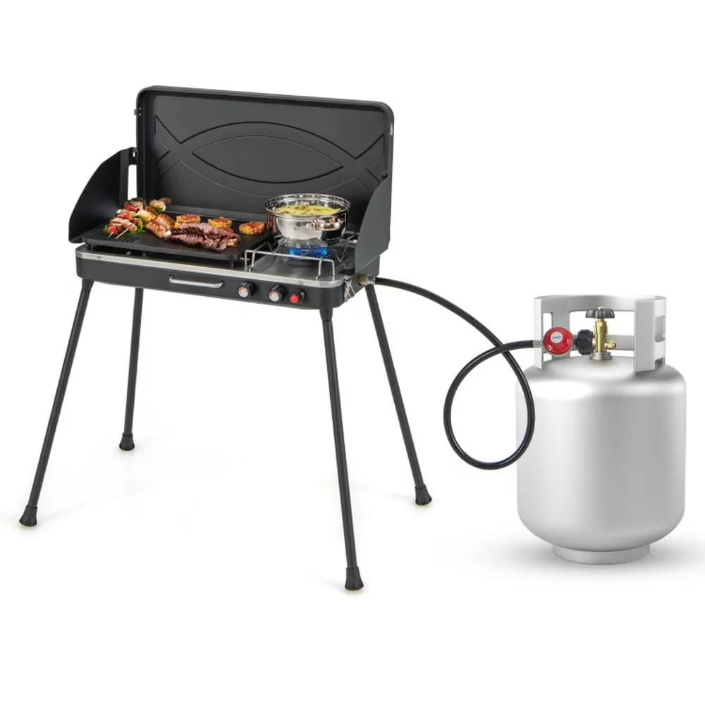 Reliable Combo Grill with Portable, Folded dimension:11.5" x 23" x 8.5" - Metal, Stainless Steel, Aluminum Black Model 2B5473