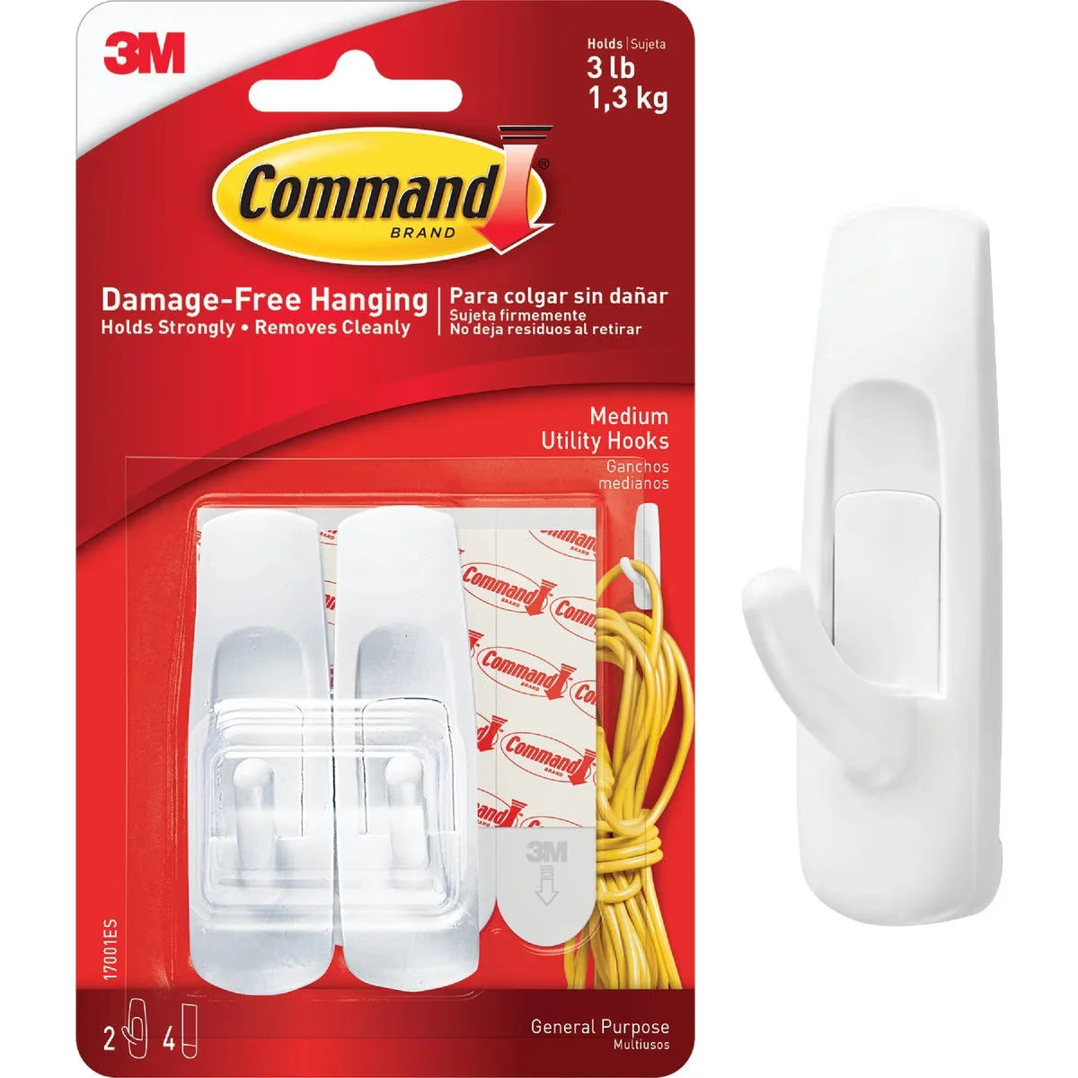 Sleek Damage-Free Hanging with Easy Installation, Medium White Hooks, Holds 3 lbs - 2 Hooks Model 0A043A