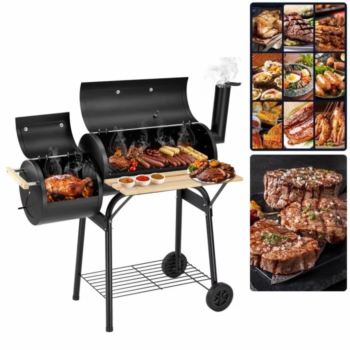 Essential Combo Grill with Offset Fire Box, Temperature Control & Portable Wheels - Metal Black Model 9CA247
