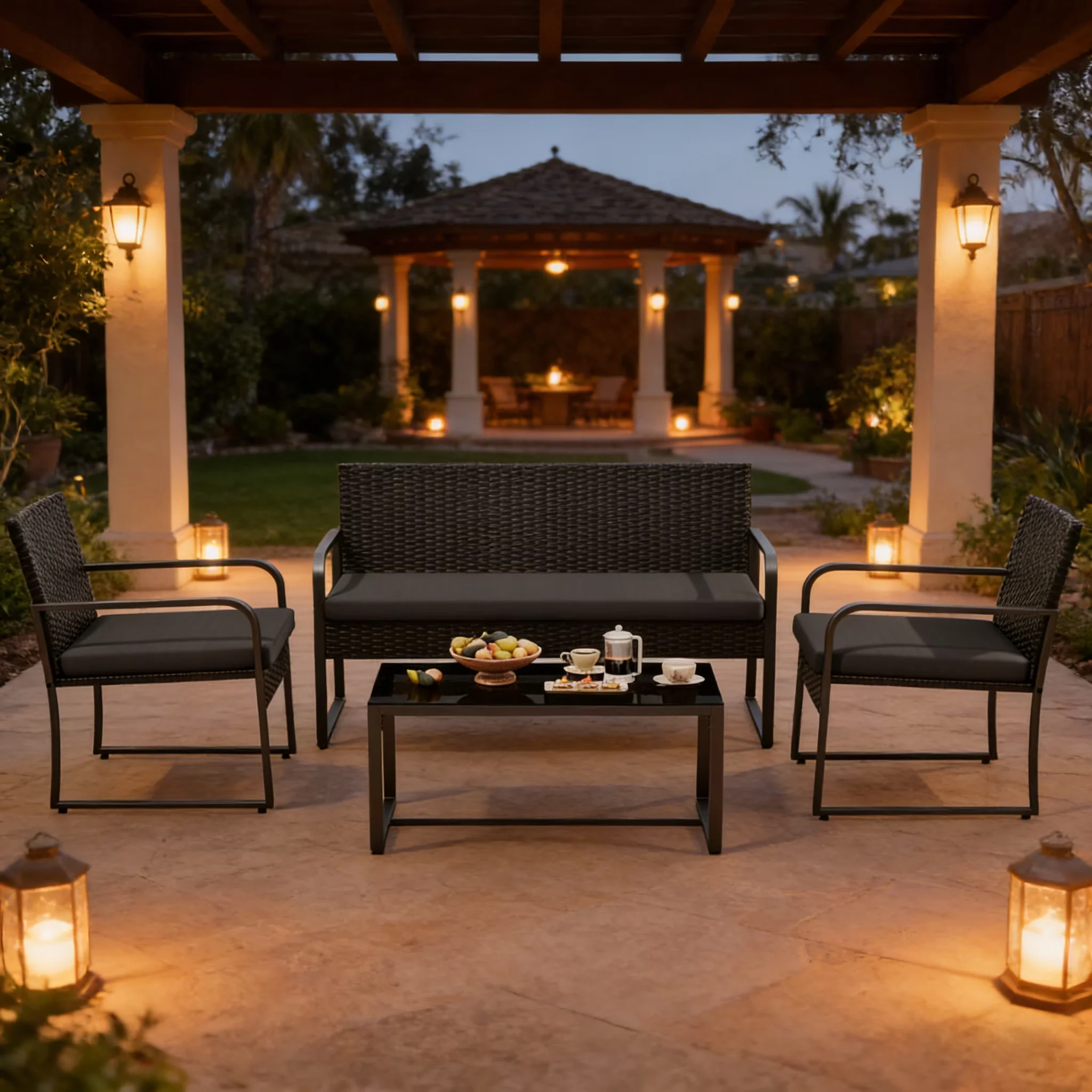 Versatile Patio Conversation Set with Weatherproof, Product Key Features, Table Top: Black Tempered Glass - Black Rust-Proof... Model E0D587