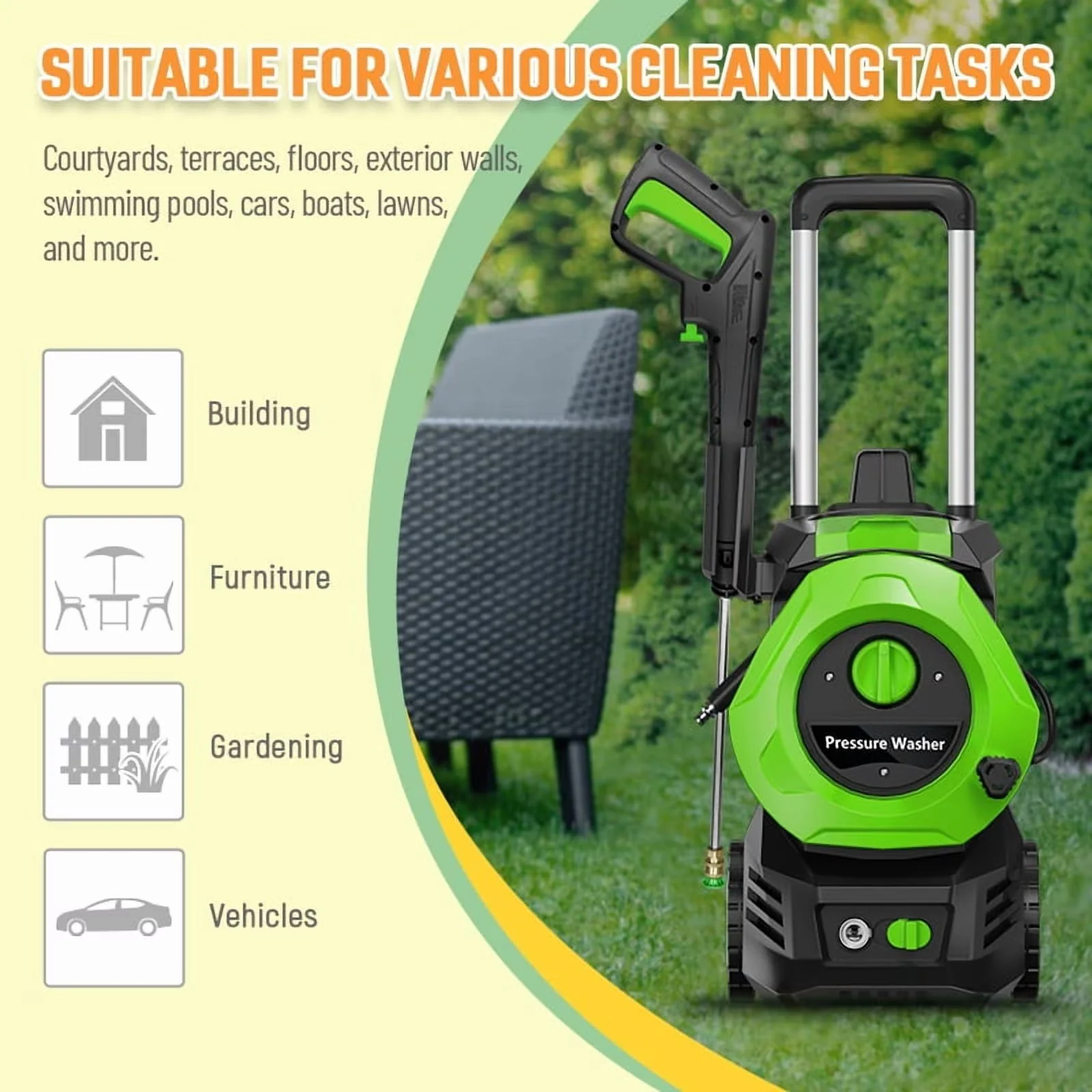Modern Pressure Washer with Telescoping, Quick Connect Tips, Adjustable Wand for Garden - Model E6FAC3