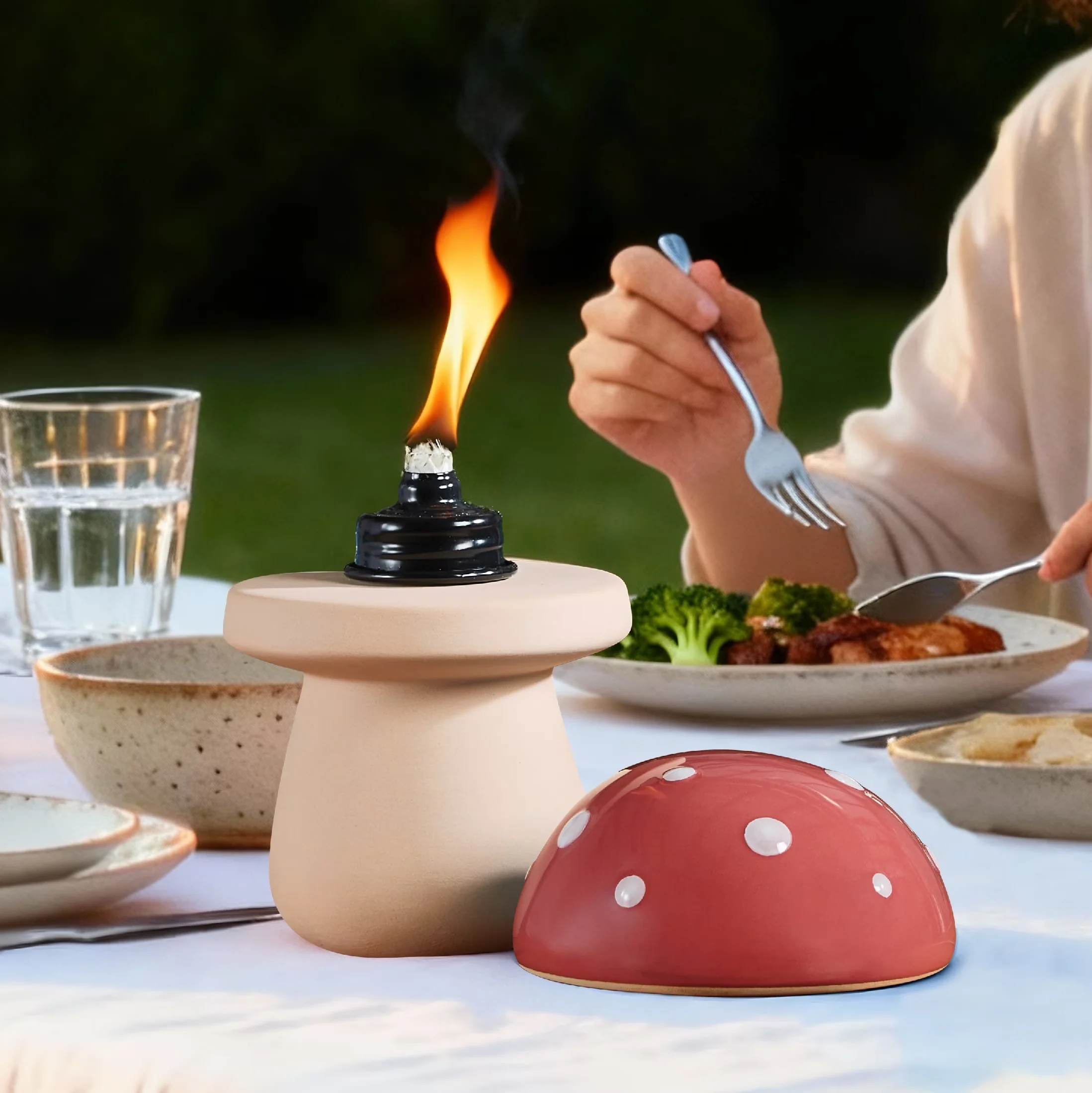 Outdoor Heating Efficient with Ceramic Mushroom Tabletop Torch - Red Ceramic Model 449F07