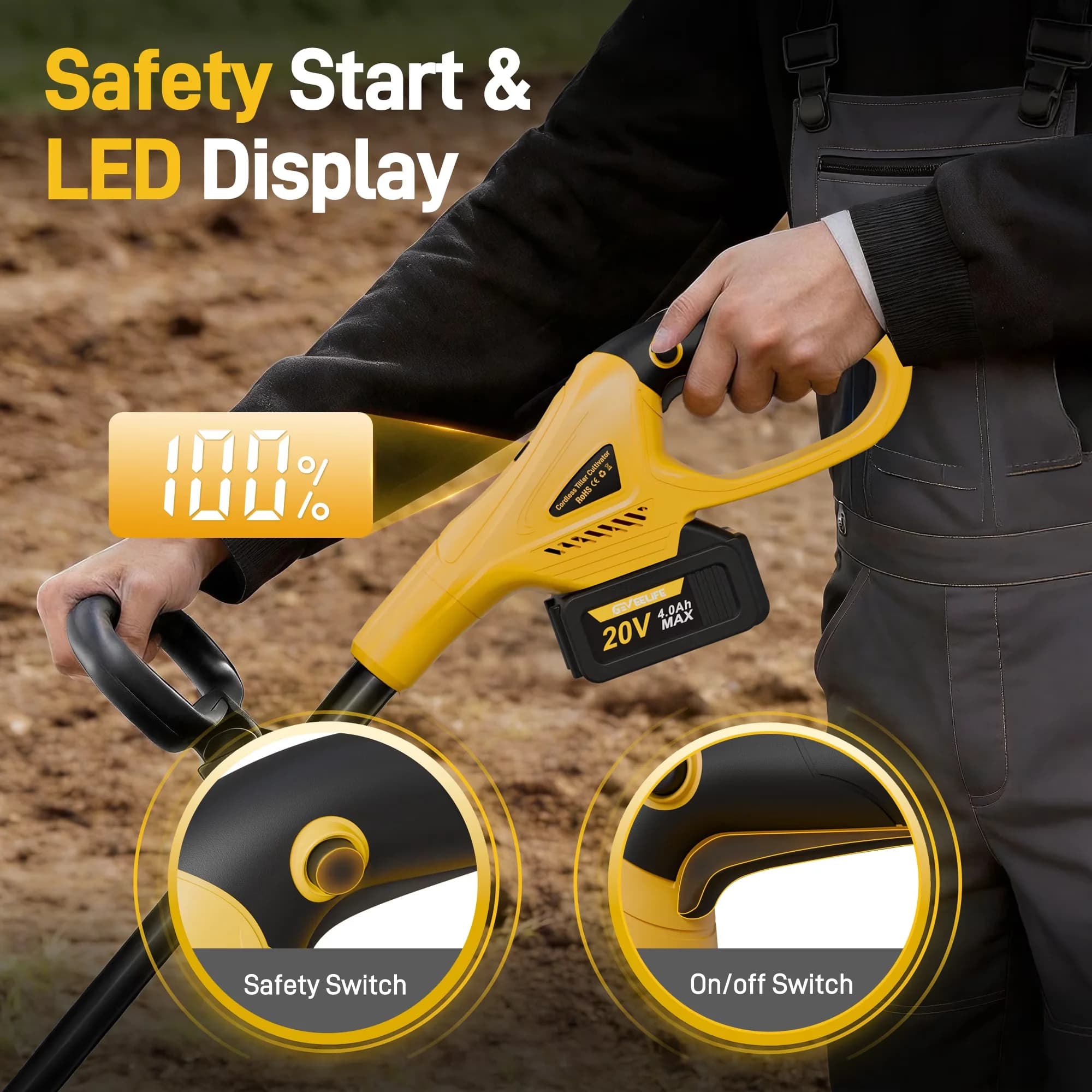 Modern Trillers Cultivator with Battery, 20V, 20V Cordless Tiller - Durable Build Model F41FB6