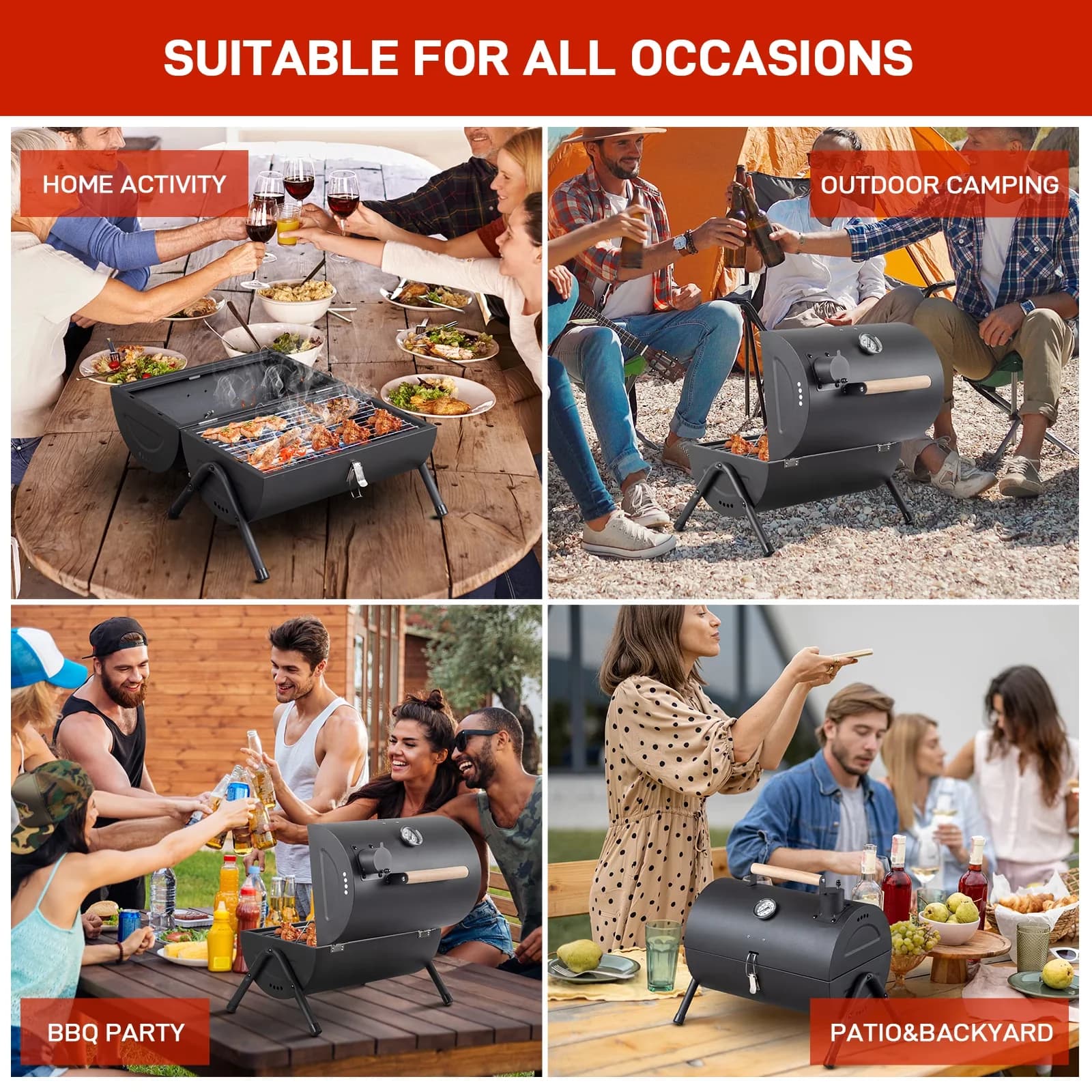 Modern Charcoal Grill with Portable, BBQ Portable Outdoor Barbecue Pit - Black Steel for Outdoor, Camping Model DA4723