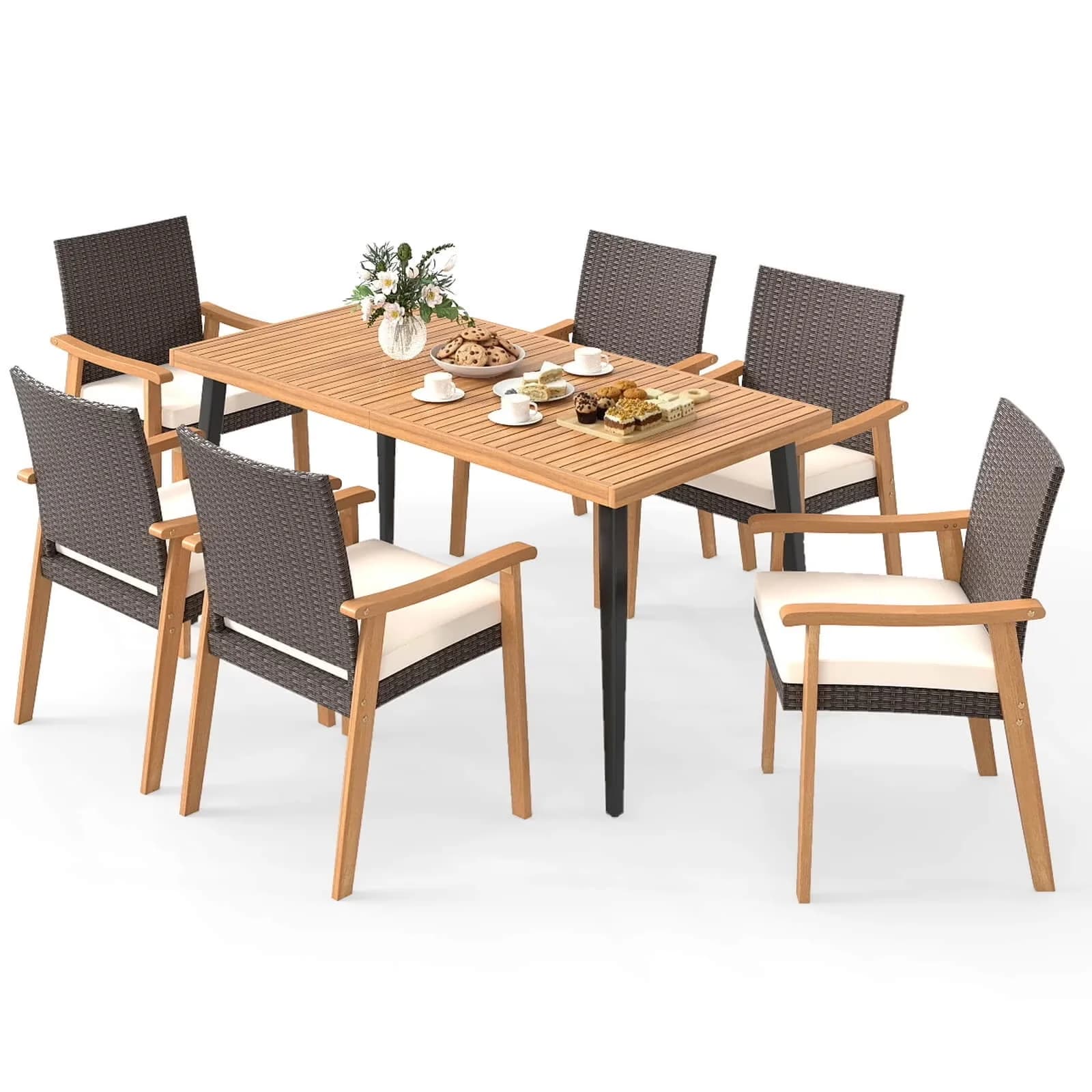 Premium Patio Dining Set with Tabletop, 7 PCS Table - Brown Acacia Wood + Metal + Sponge + Polyester + Pe Rattan Model 6A7657