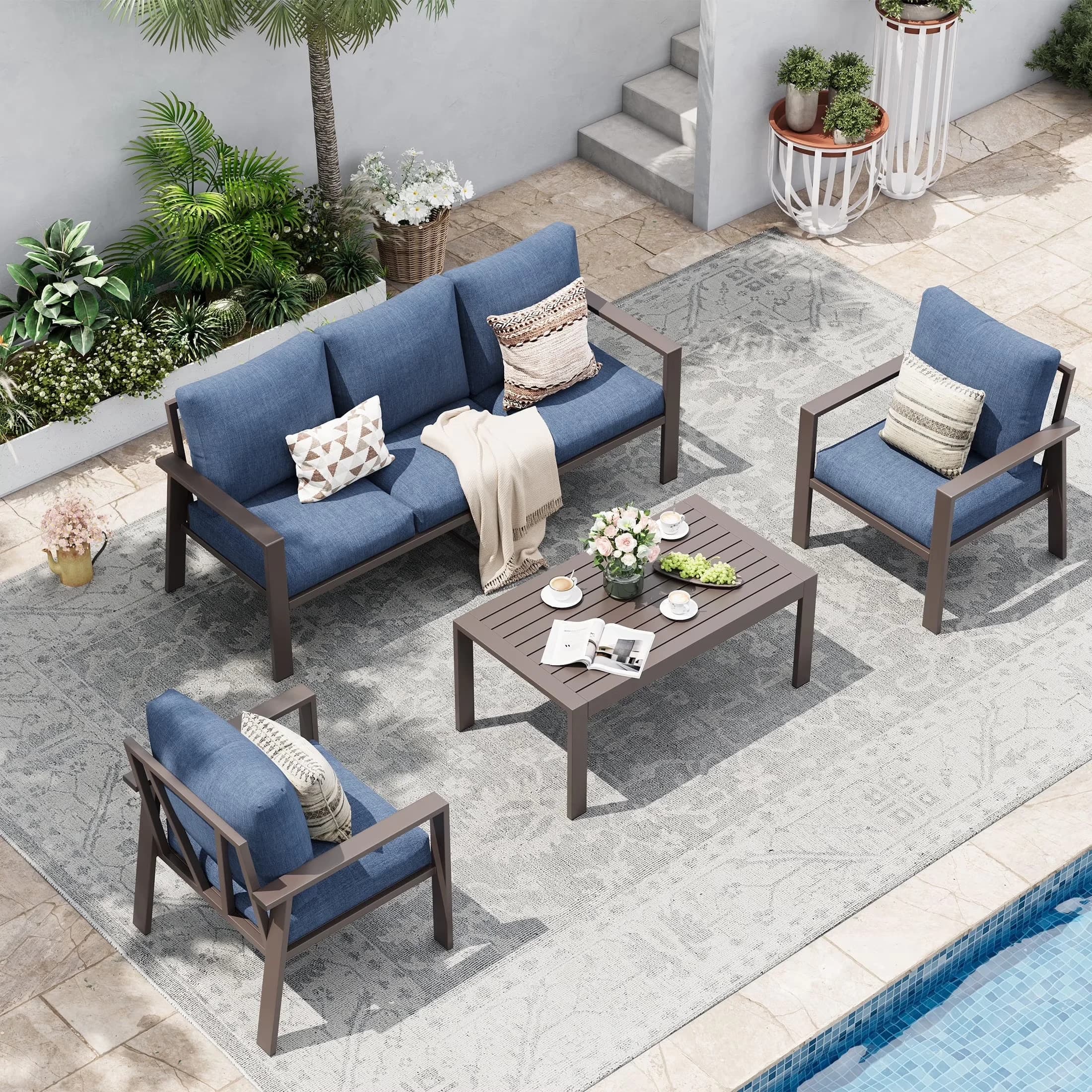 Quality Patio Conversation Set with Weatherproof, Aluminum Furniture - Aluminum Blue Model 2D2900