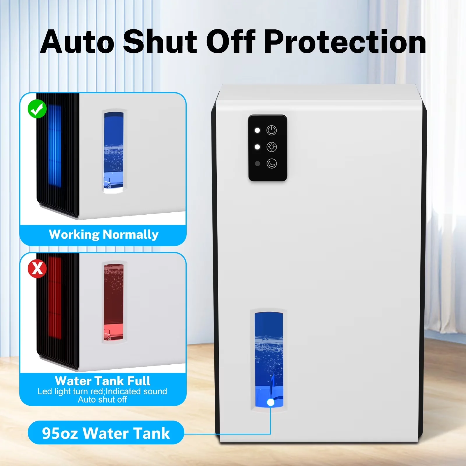 Premium Dehumidifier with LED, Automatic Shut-Off - White for Home - Compact and Portable Model 9301AC