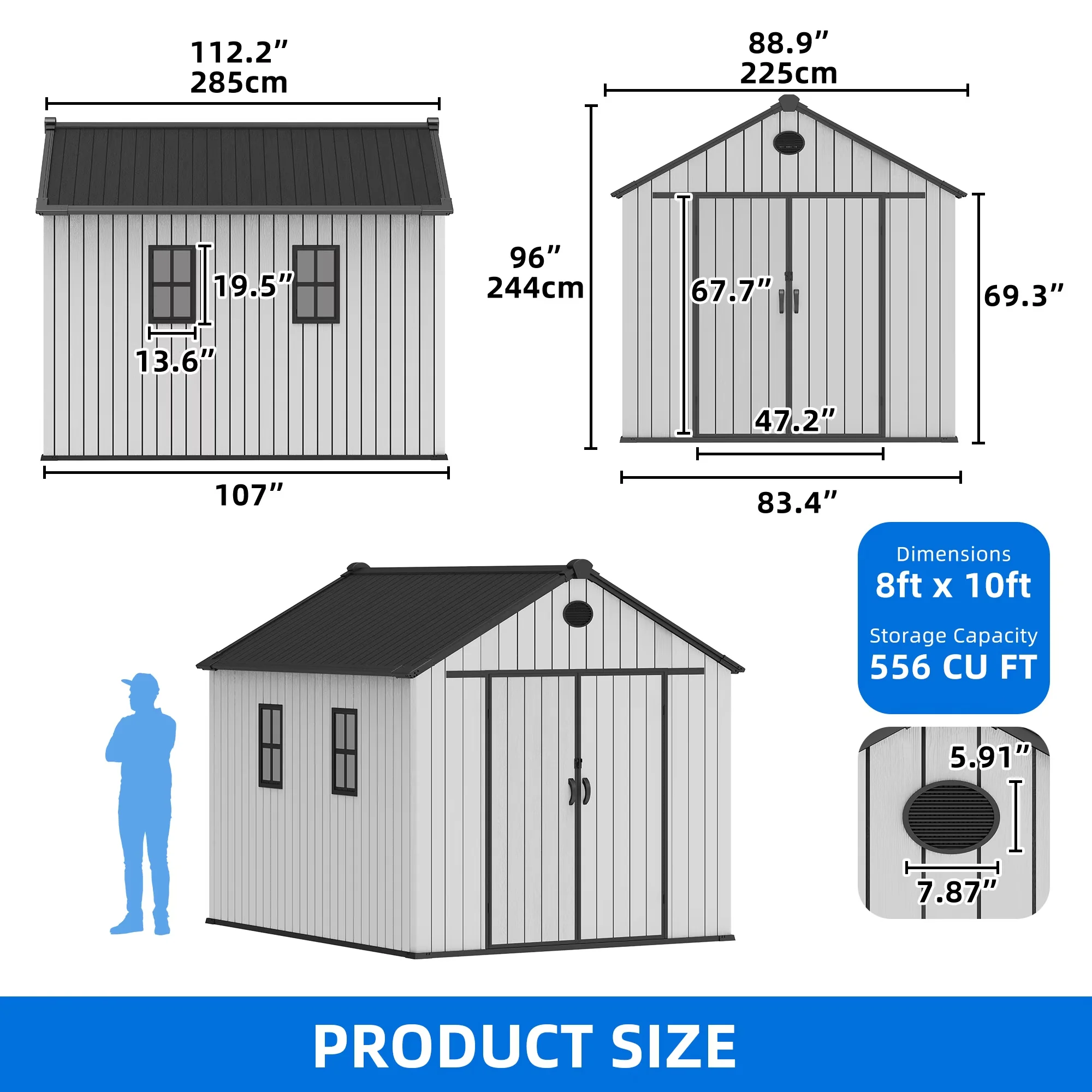 Shed Efficient with Lockable Door, 2 Vents & 2 Windows, 8x10 FT Resin Storage - Gray Resin Model 00C0D1