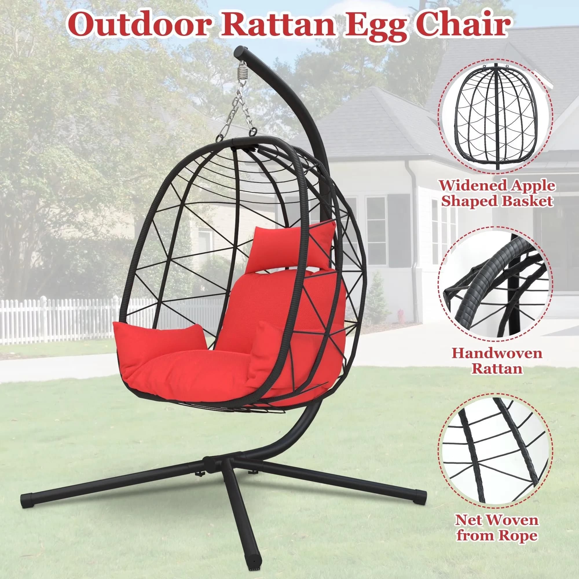 Stylish Patio Chair with Modern, Weather-Resistant, Wicker Egg Hanging - Steel Red Model 9294C1