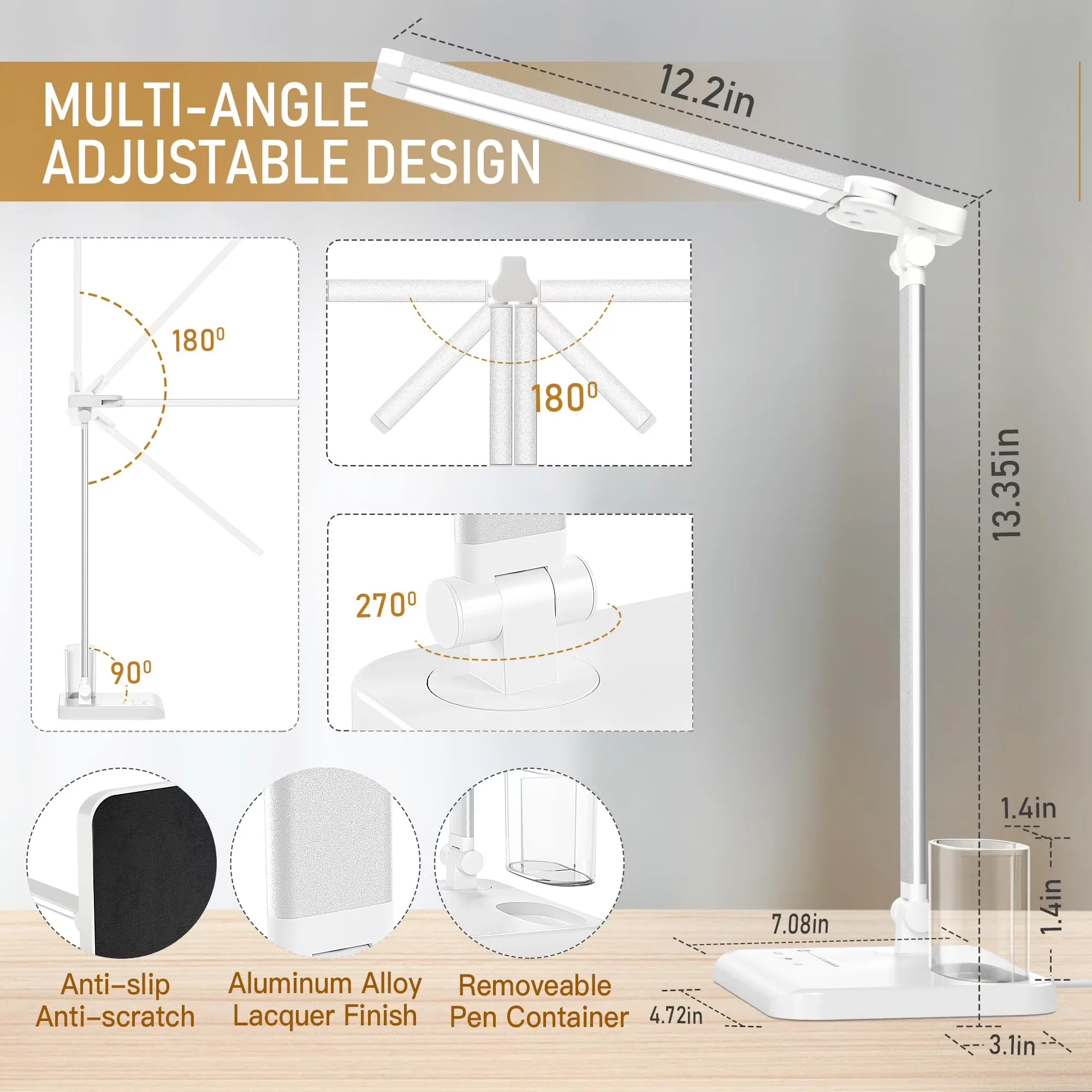 Desk Lamp Modern with LED, Adjustable Head, Energy Efficient - Silver Aluminum Alloy, Abs for Home Office, Dorm Model F15FEB
