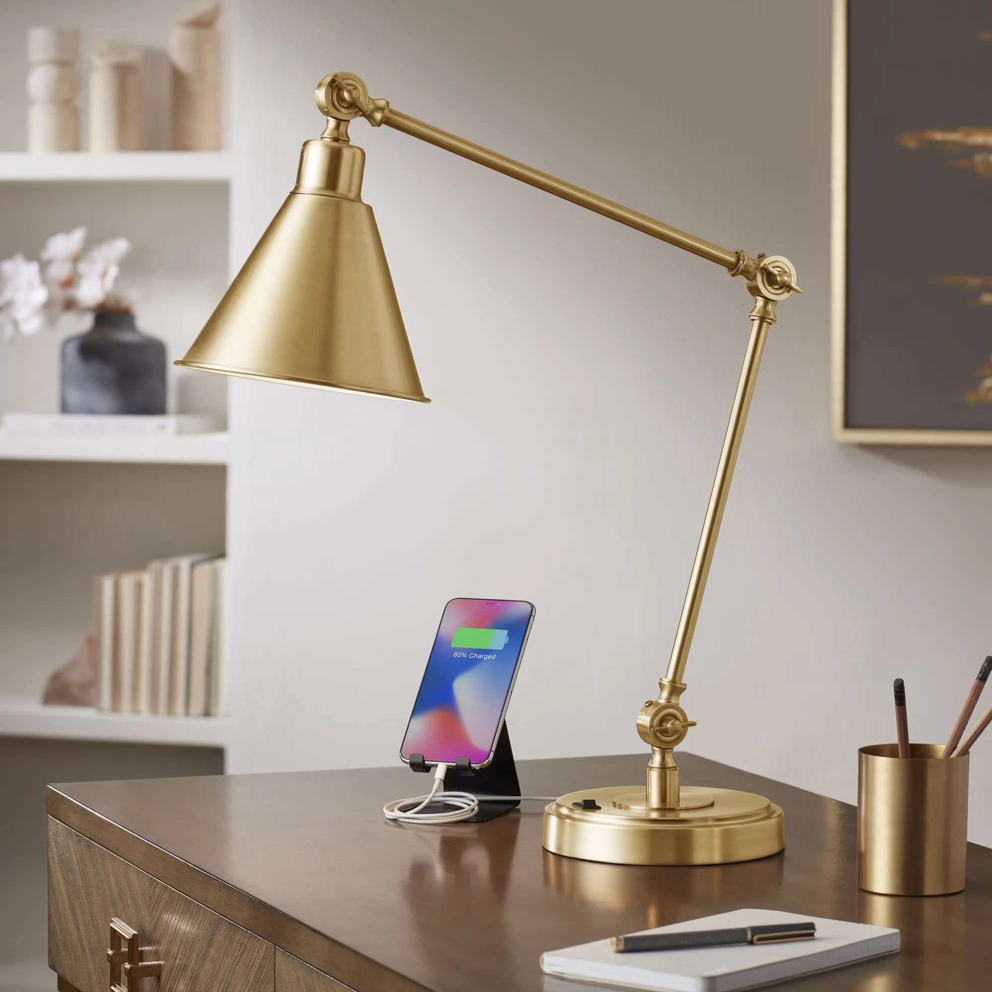 Quality Desk Lamp with Incandescent, Task Lamps, USB Charging Port Adjustable Arm Head - Metal Gold Model 5F9FD3