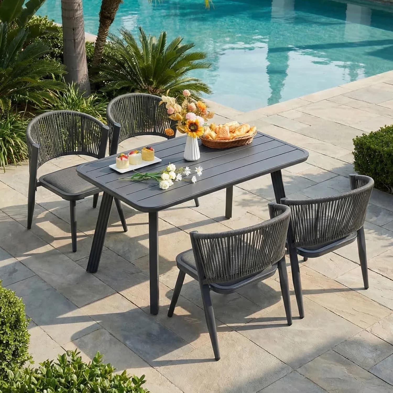 Essential Patio Dining Set with Weatherproof, Woven Rattan Wicker Chair Outdoor, 5 Pieces Wicker Outdoor Furniture - Aluminum Gray Model 710439