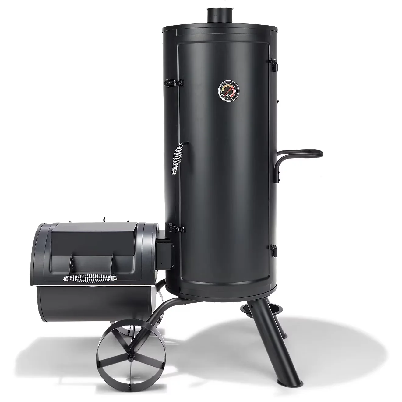Charcoal Grill Versatile with Offset Firebox, Multi Level Vertical Smoker and - Steel Black Model E0366A