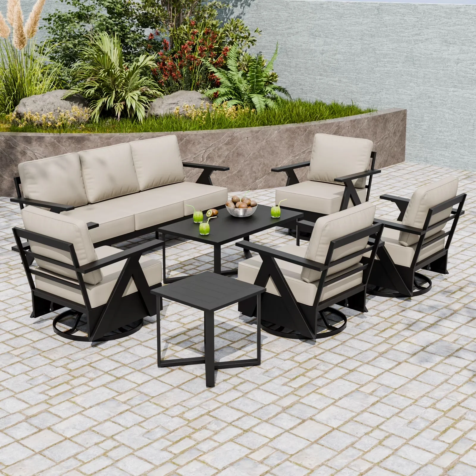 Patio Conversation Set Essential with 4 Swivel Chairs, Couch - Black/Beige Steel;Aluminum Model 0D43E9