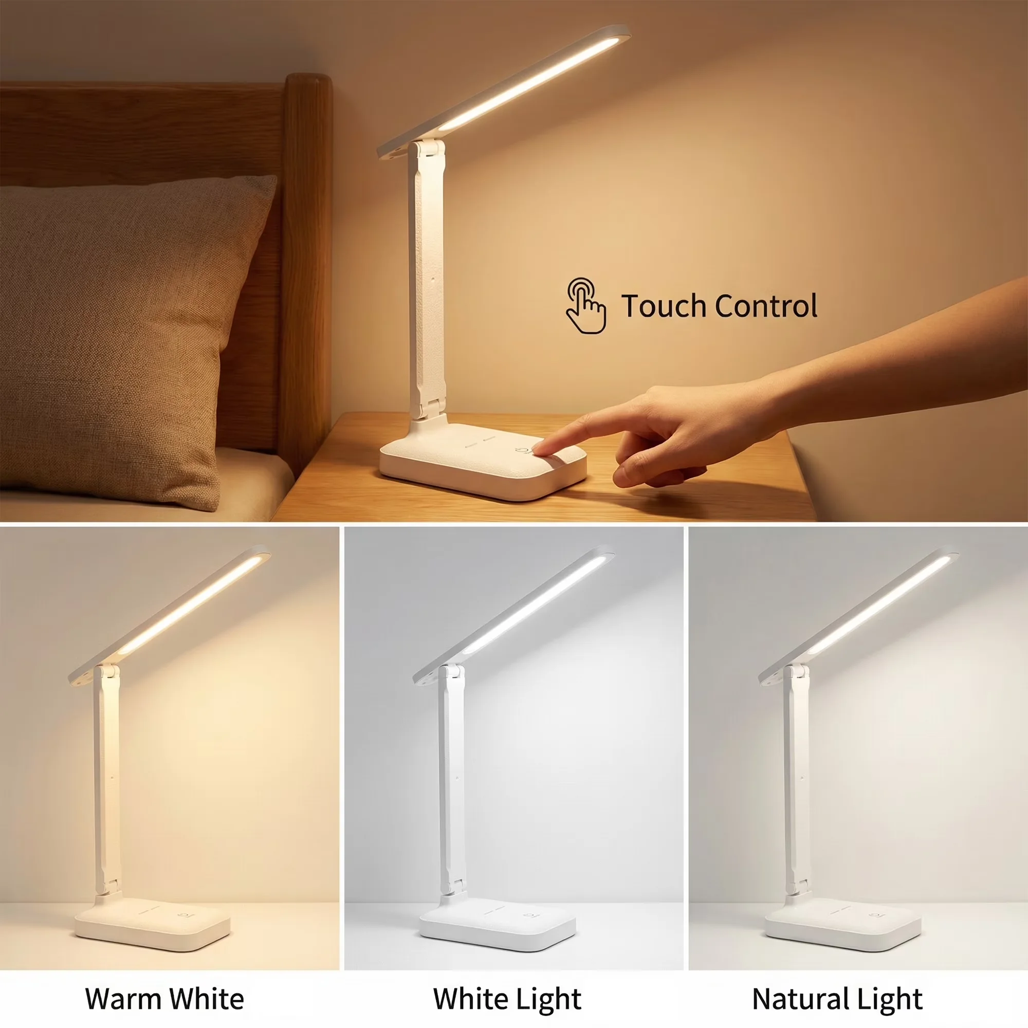 Desk Lamp Versatile with LED, Battery, Touch Sensor - White Plastic for Study, Travel Model 9995DC