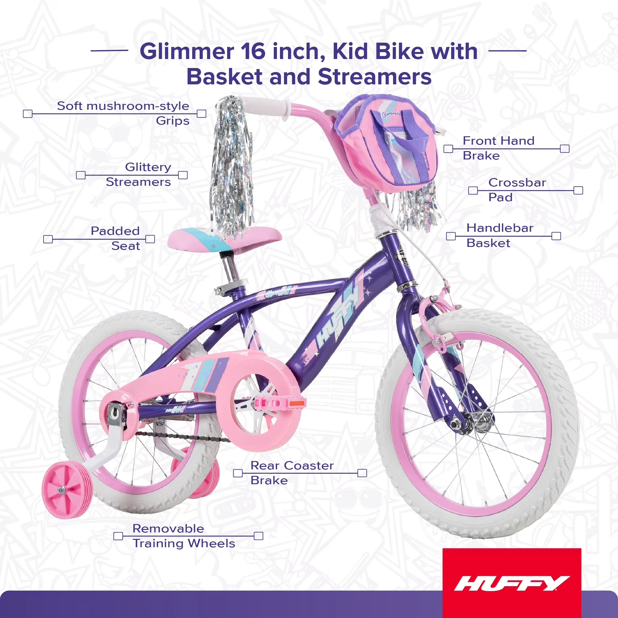 Premium Kids Bike with Adjustable Seat, 16” Glimmer Kids’, Youth - Purple Model 45FE73