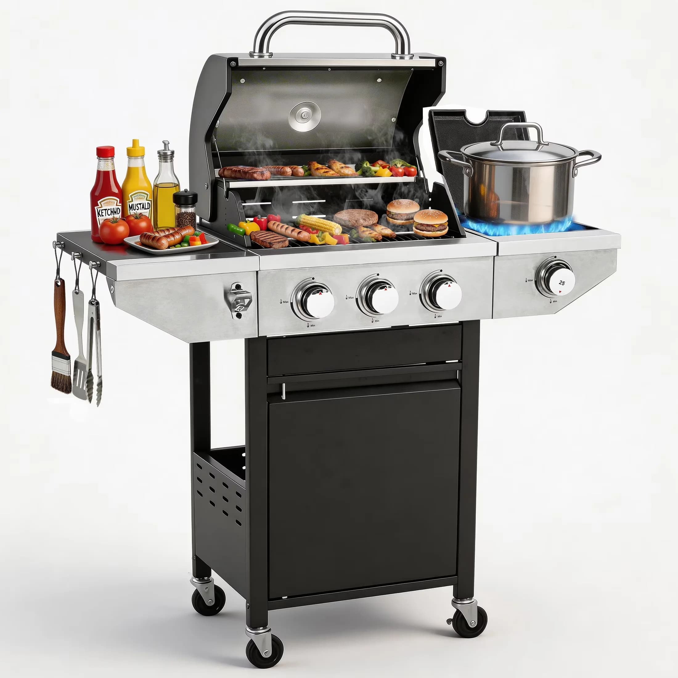 Modern Gas Grill with 37000 BTU, Warming Rack - Stainless Steel Sliver for Outdoor, Camping Model 8095A6
