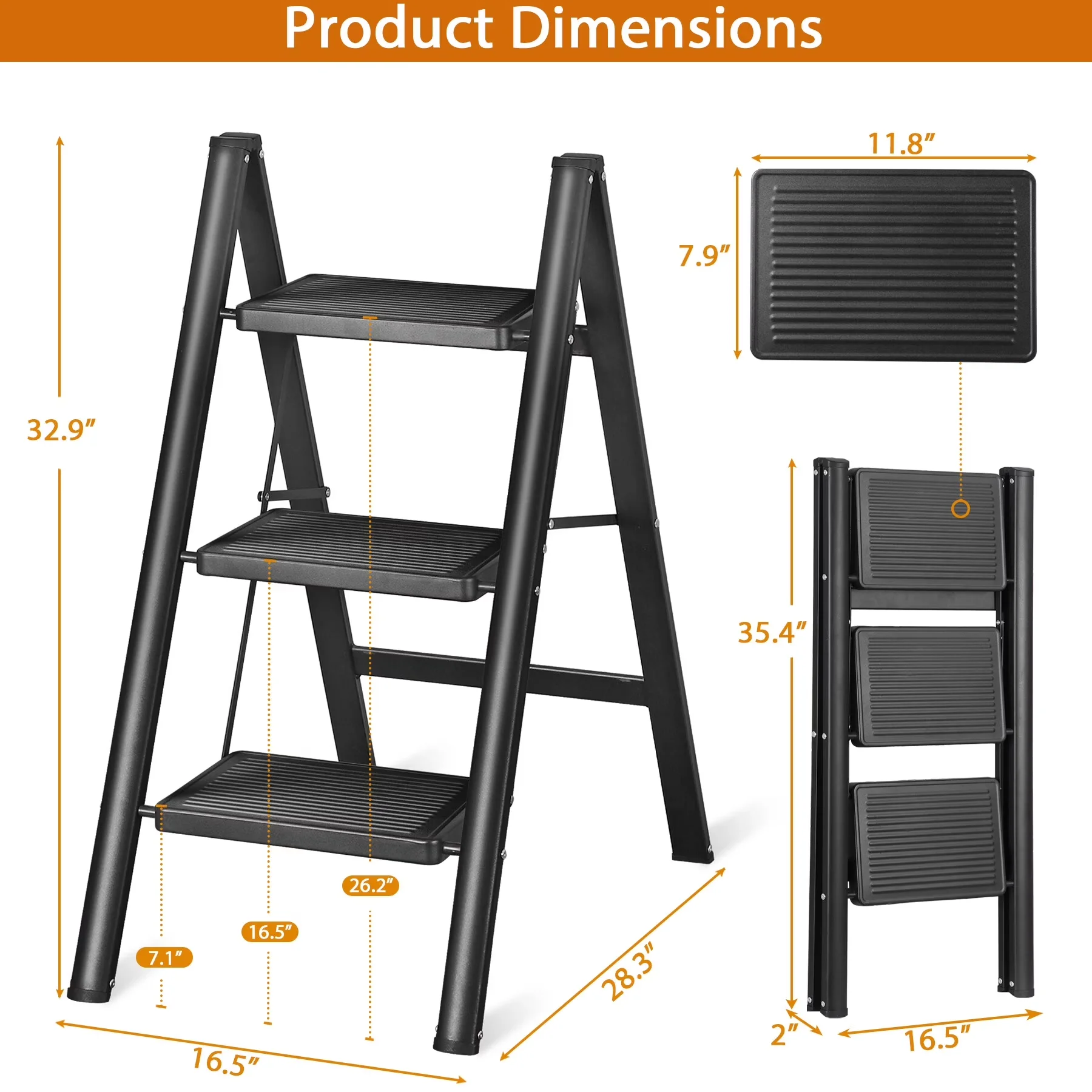 Ladders And Step Stool Classic with Anti-Slip, Foldable, Non-Marring Feet - Black Steel & Pvc & Nylon Model 07E306