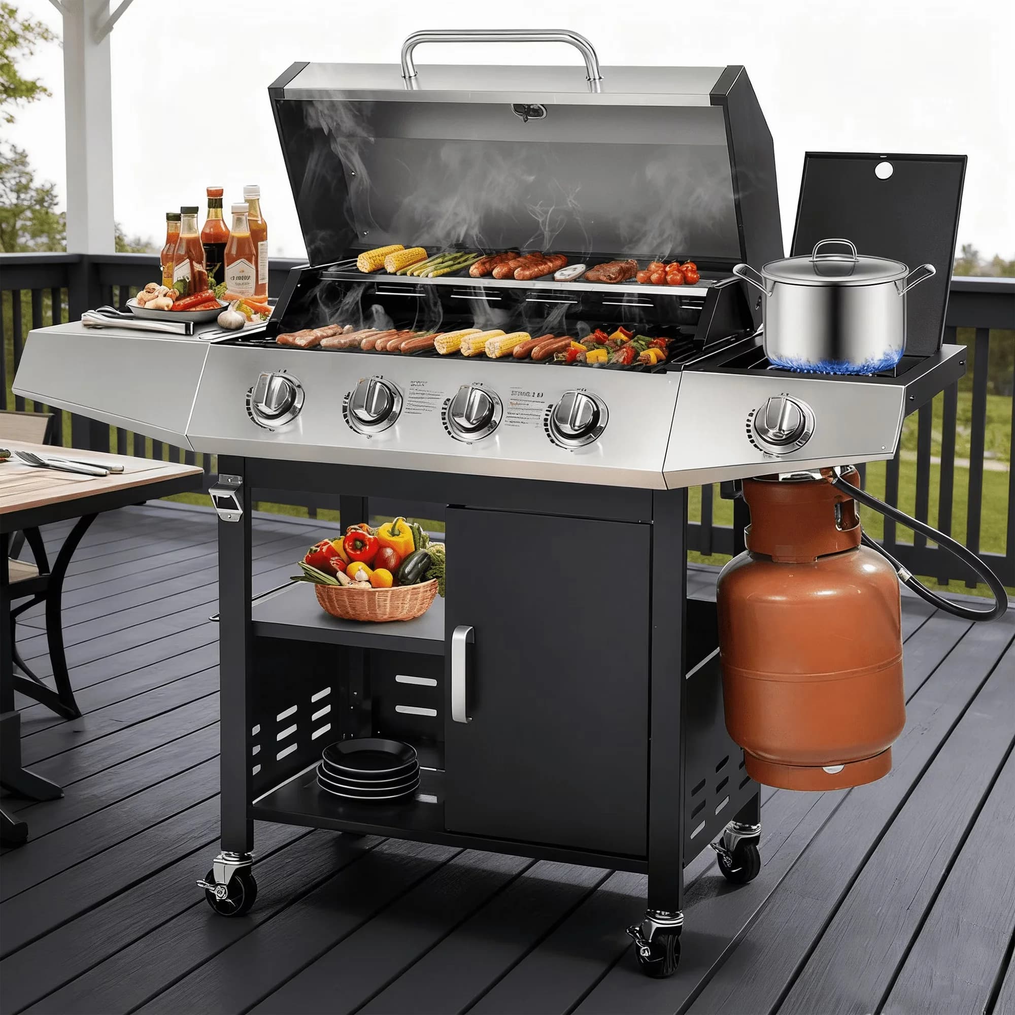 Gas Grill Innovative with 50000 BTU, Heat Thermometer, Tool Holder - Stainless Steel Model 483A37