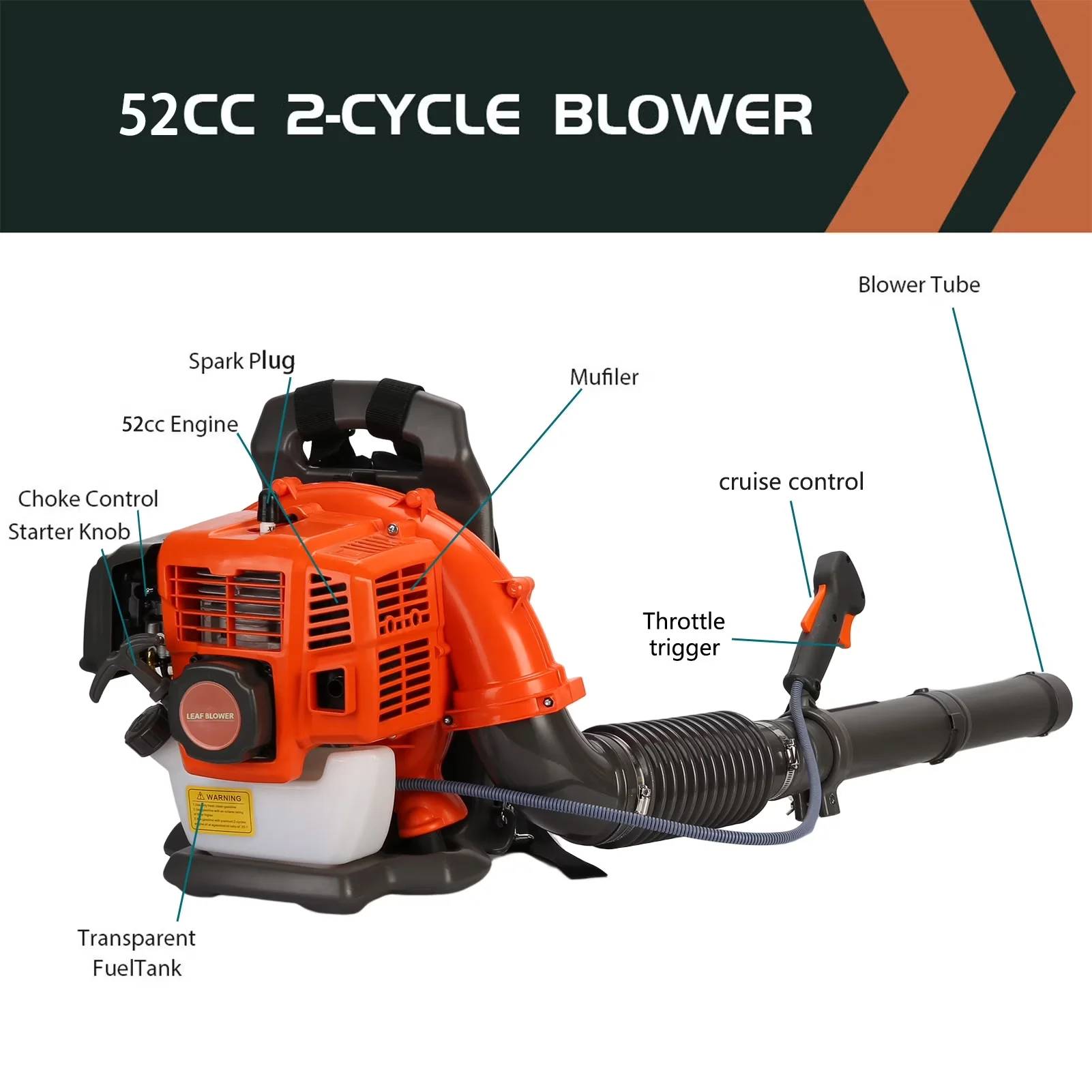 Classic Leaf Blower with 5 Extension Tubes, Snow, 52CC 2-Stroke Backpack - Model D8750F