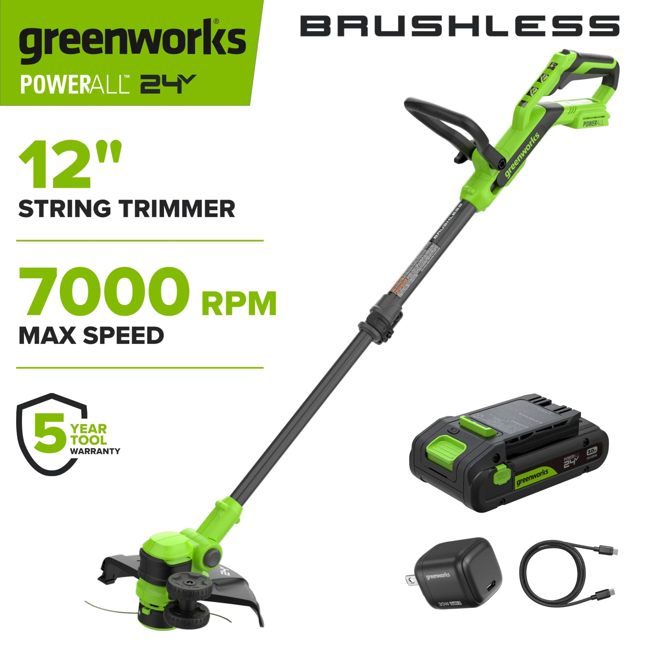 Efficient String Trimmer with Battery, 30W, 3.0 Ah USB-C Battery - 24V Model E247D5