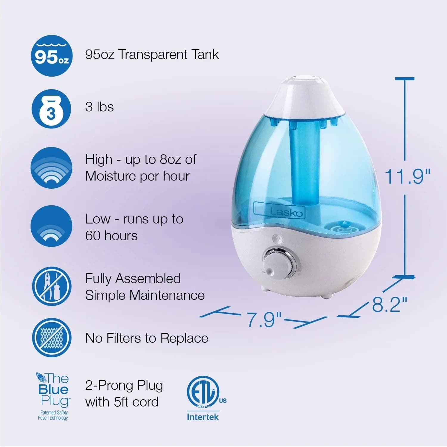 Modern Humidifier with Automatic Shut-Off, Water Level Indicator, Variable Speed - White Model E757DD
