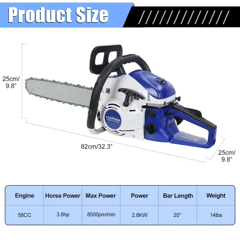 Stylish Chainsaw with Automatic Chain Oiler, Anti-Vibration - 20Inch 58Cc 2.2Kw Blue Model 63BCCC
