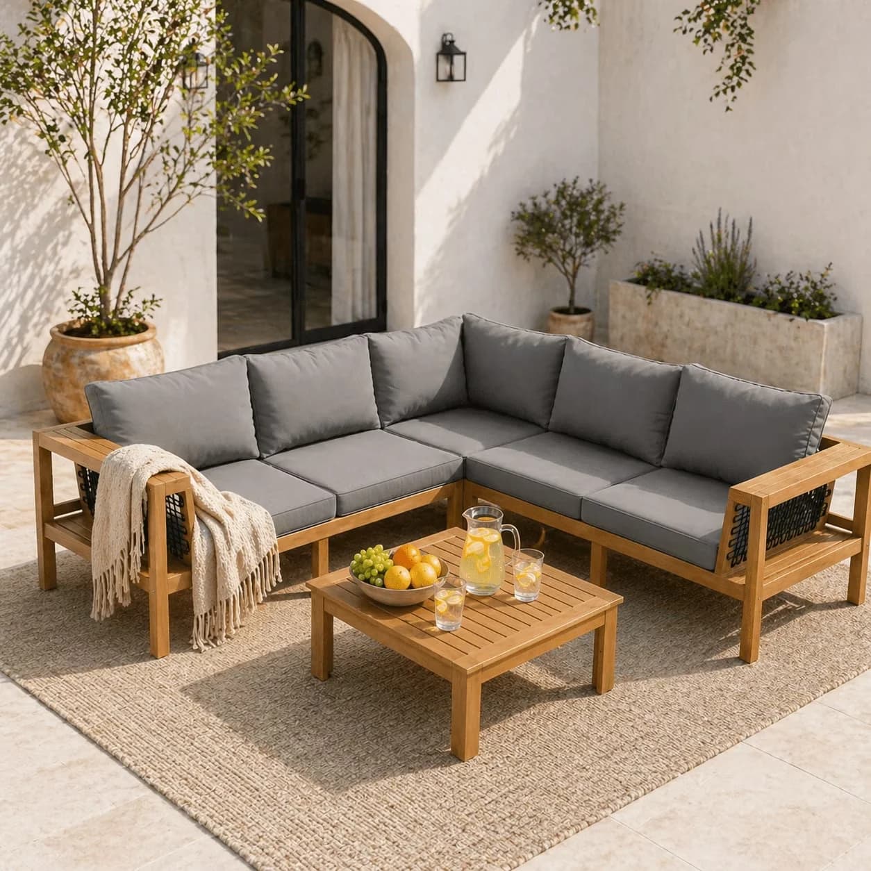 Professional Patio Conversation Set with Weatherproof, L-Shaped, Coffee Table - Gray Wood Model 8B5F7B
