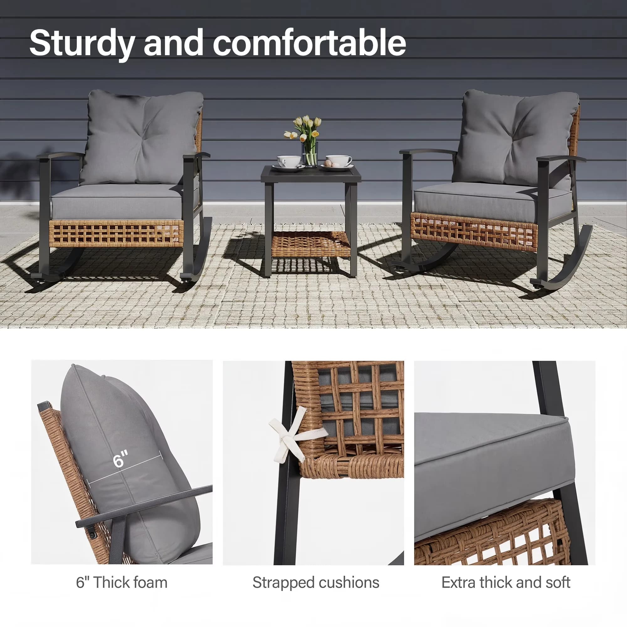 Stylish Patio Conversation Set with Gray Cushions, 3 Pieces Outdoor, PE Wicker Rocking Chairs - Gray Wicker, Steel Model 6643A0